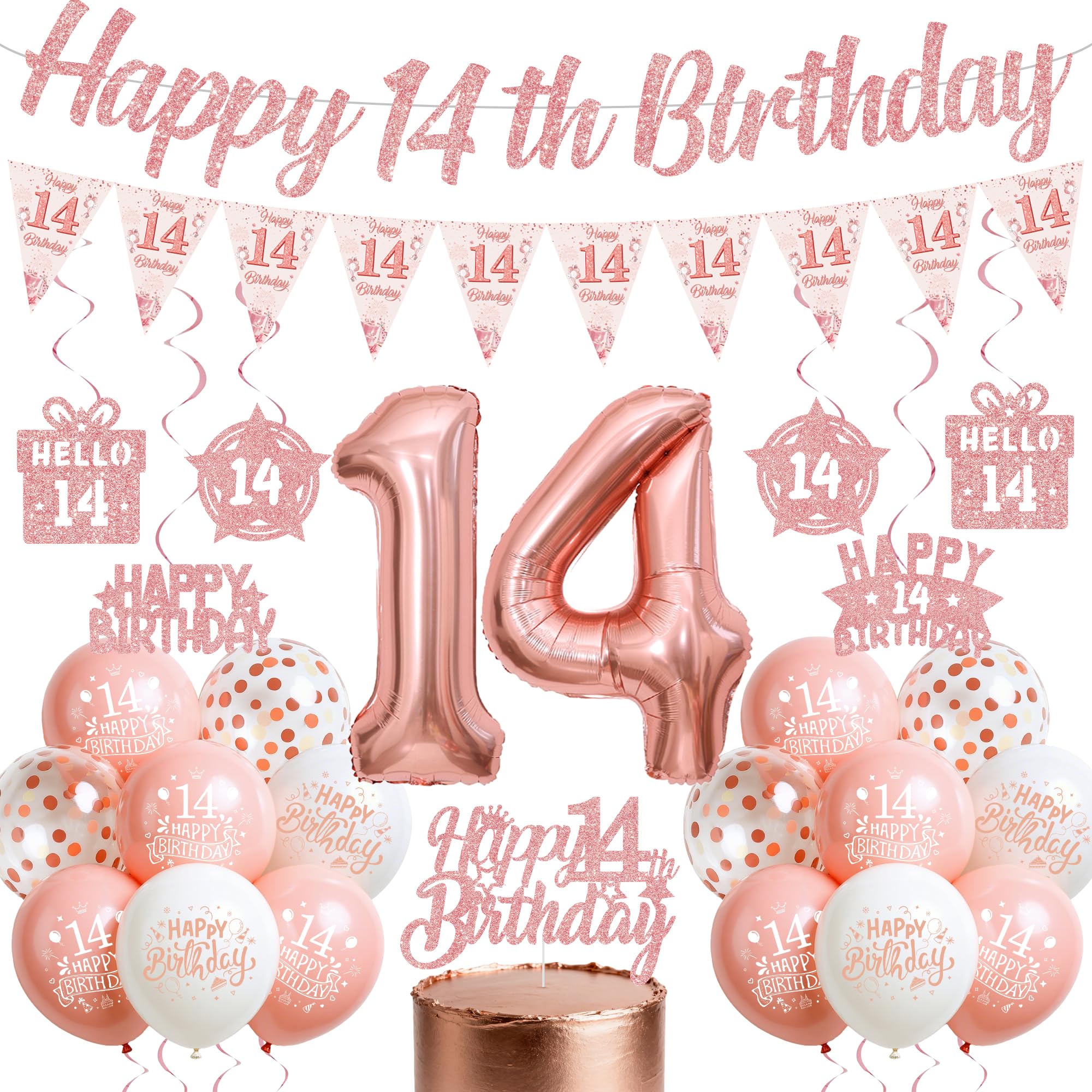 14th Birthday Decorations for Girls, Rose Gold 14 Years Old Party Supplies