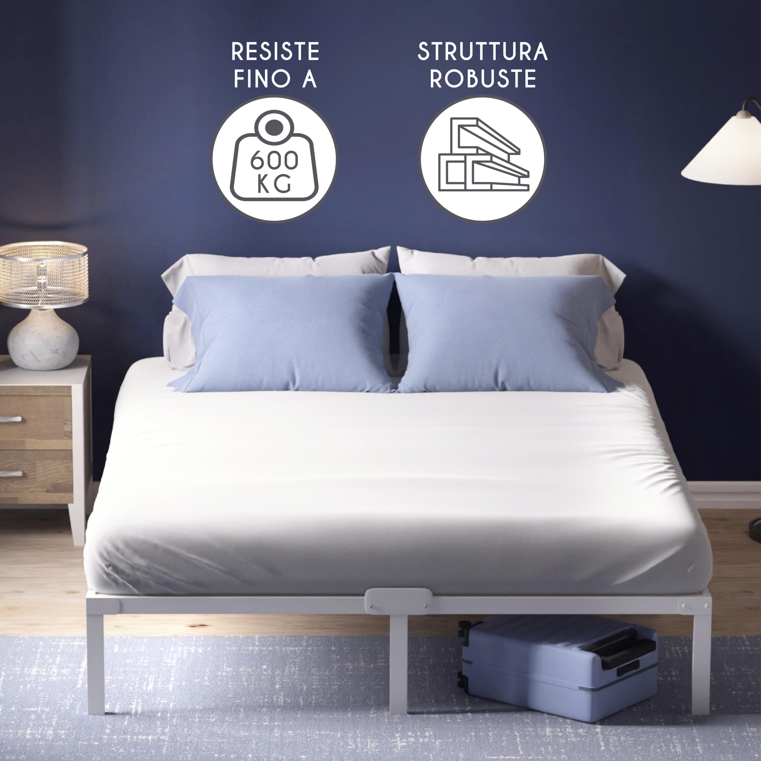 Dreamzie Struttura Letto Matrimoniale 180x200 con Rete in Metallo Bianco - Rete 180x200 con Gambe - Altezza 41 cm - Resistente, Montaggio Facile, Ampia Capacità di Stoccaggio