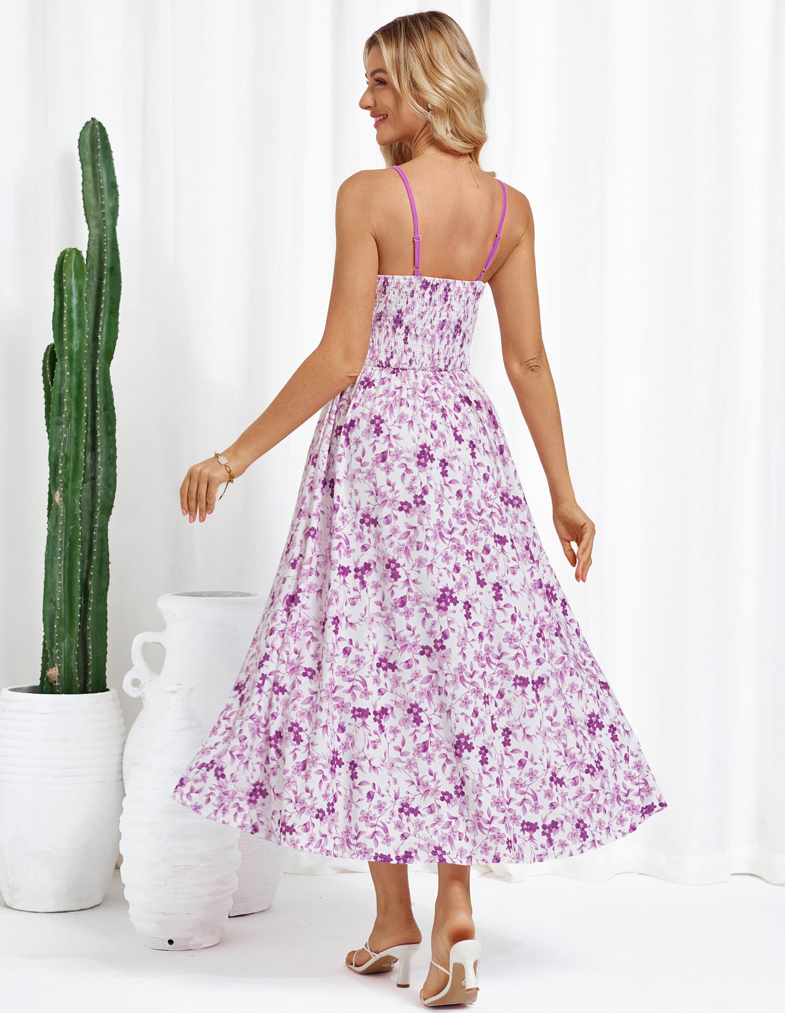 GRACE KARIN Abito estivo casual da donna, linea ad A, con scollo a V, abito lungo floreale, senza maniche, con spalline sottili, da spiaggia, per vacanze