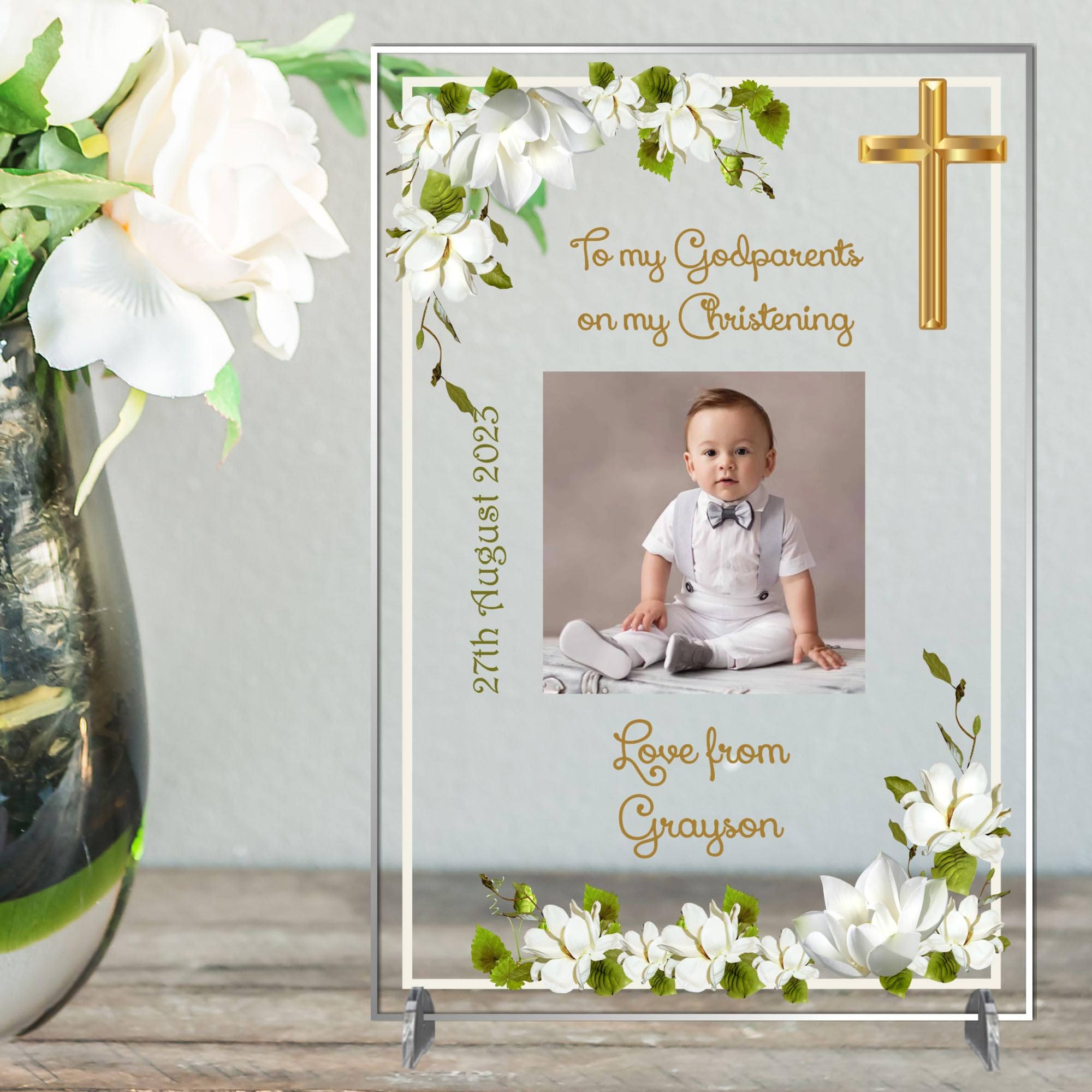 Personalised 'To My Godparents' Christening Photo Plaque | Keepsake Gift | A4 or A5 Size | Customisable with Special Message | (Acrylic 21cm x 15cm, White Floral)