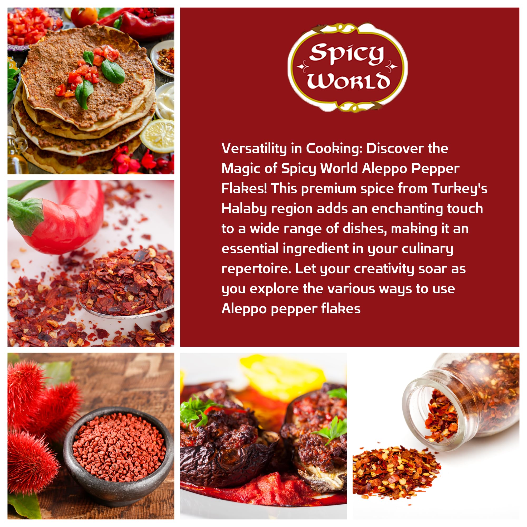 Aleppo Pepper 7 oz – Halaby Turkish Chili Pepper – Premium Crushed Pepper Flakes by Spicy World