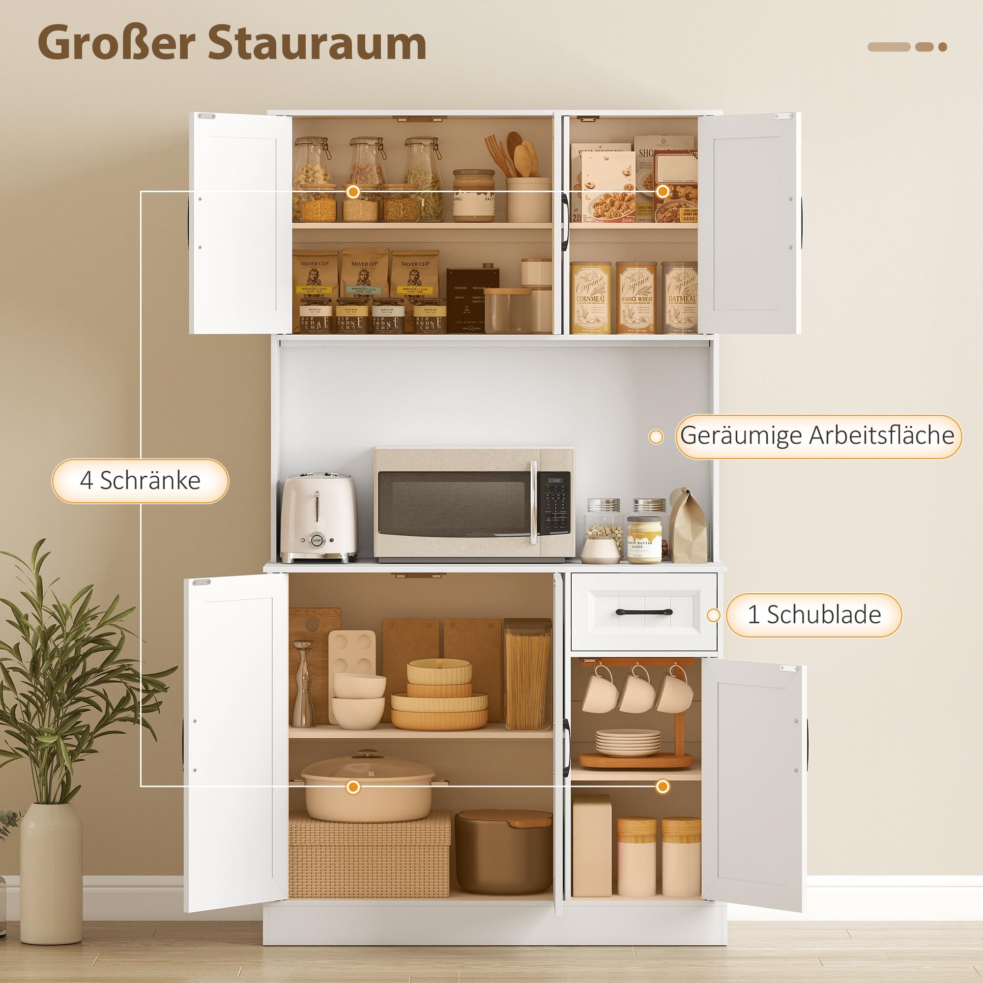 HOMCOM Küchenschrank mit Arbeitsplatte 6 Türen 100 x 39,5 x 180,5 cm Weiß | Buffetschrank, Verstellbaren Regalen, Schublade, Hochschrank Vorratsschrank mit Kabelloch, für Küche Wohnzimmer Esszimmer