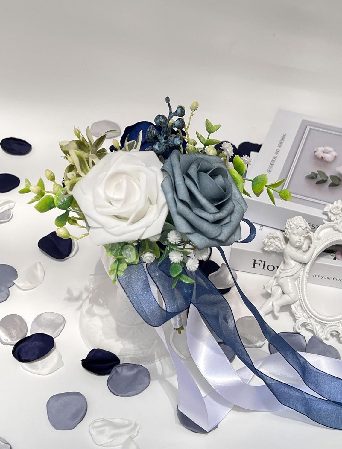 CherishedMoments Wedding Aisle Chair Decorations Set of 6 Artificial Flowers Rose and Ribbons,Pew Flower Arrangement,for Wedding Ceremony Party Church Chair Decor,Blue