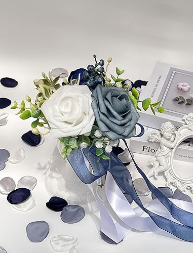 Miniatura 3 de CherishedMoments Juego de 6 decoraciones para sillas de pasillo de boda, flores artificiales, rosas y cintas, arreglo floral de banco, para boda,