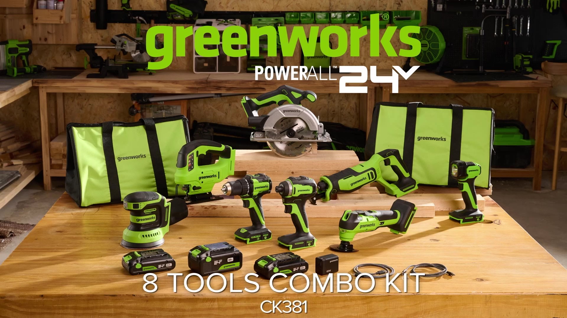 Image of GREENWORKS 24V (8-TOOL) Combo (Drill, Impact Driver, Circular Saw, Reciprocating Saw, Jigsaw, Multi-Tool, Sander, Flashlight), 4.0Ah + (2) 2.0Ah (Power Bank) Batteries, (2) Cables, 65W Rapid Charger