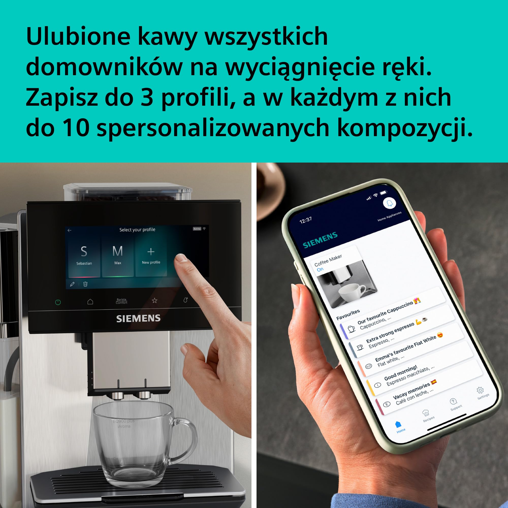 Siemens, automatyczny ekspres ciśnieniowy, EQ900 plus iAroma, automatyczne czyszczenie i odkamienianie, spersonalizowane ustawienia smaku, precyzyjne mielenie, stal nierdzewna, TQ923EZ3