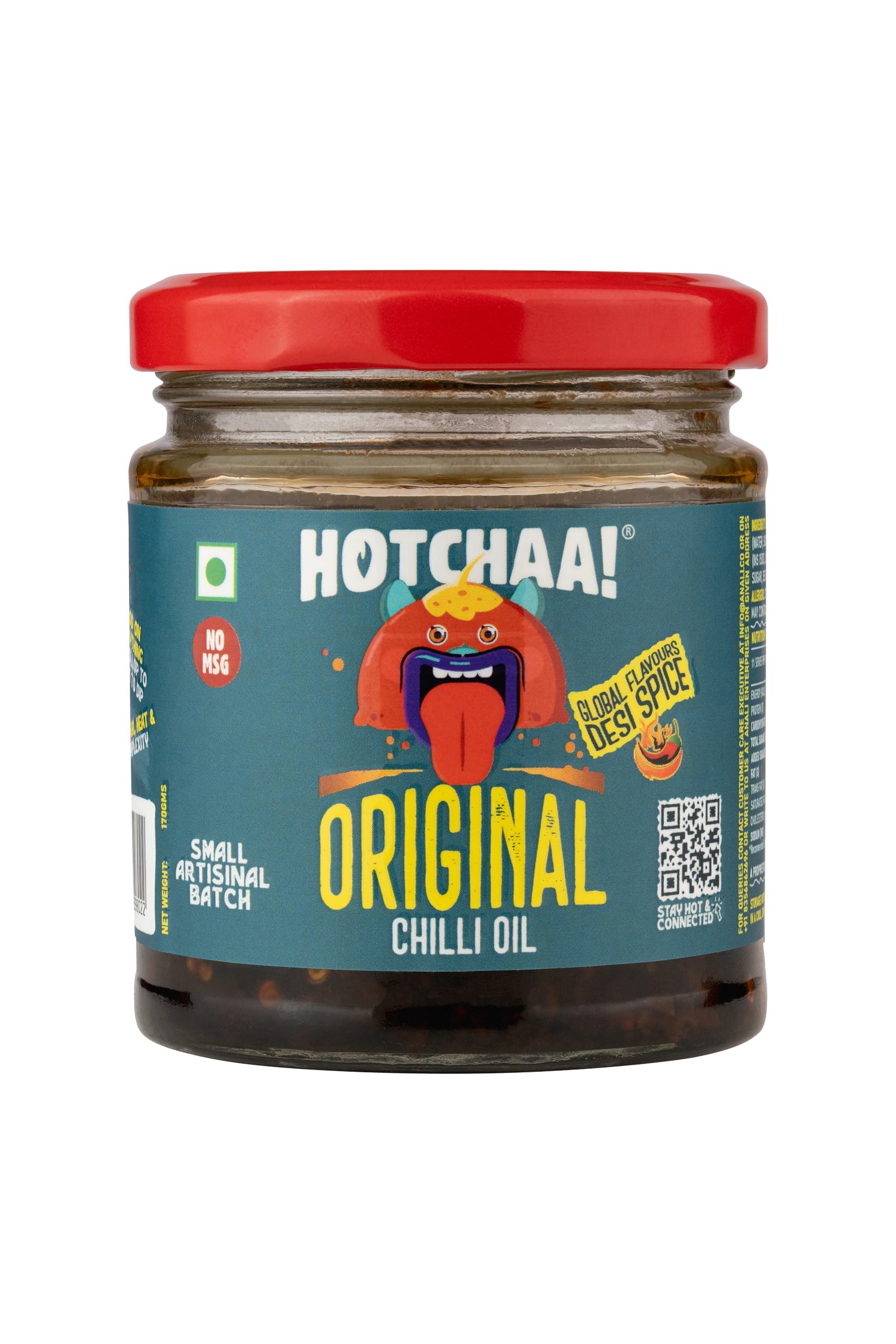 HOTCHAA Original Hot Chilli Oil - No MSG 170 grams Spicy, Crunchy and Garlicky Flavor, Small Batch Production Using Premium Ingredients No Seed Oil, Made With Umami Spices, Vegan & Gluten Free