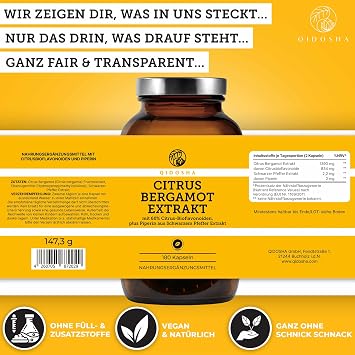 QIDOSHA Citrus Bergamot Extract Plus Piperine 180 Capsules in Pharmacist Glass Citrus Bergamia Extract Capsules German Production Each Batch Laboratory Tested Plus Piperine as Bioenhancer