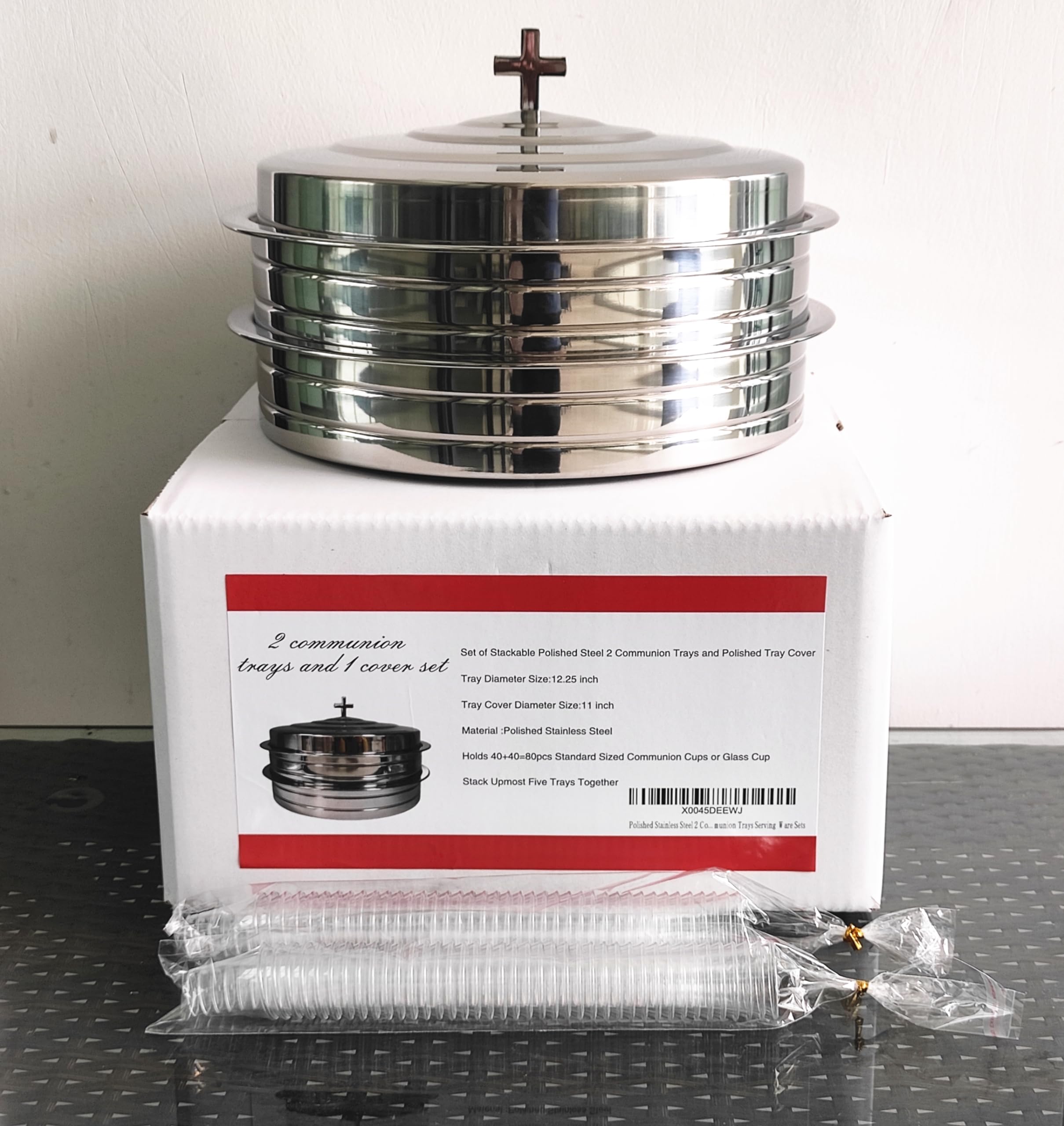 Bandeja de acero inoxidable pulido para 2 tazas de comunión con 1 cubierta para servicio de iglesia, juego de 2 bandejas apilables para servir comunión para tazas de comunión, bandejas de comunión de