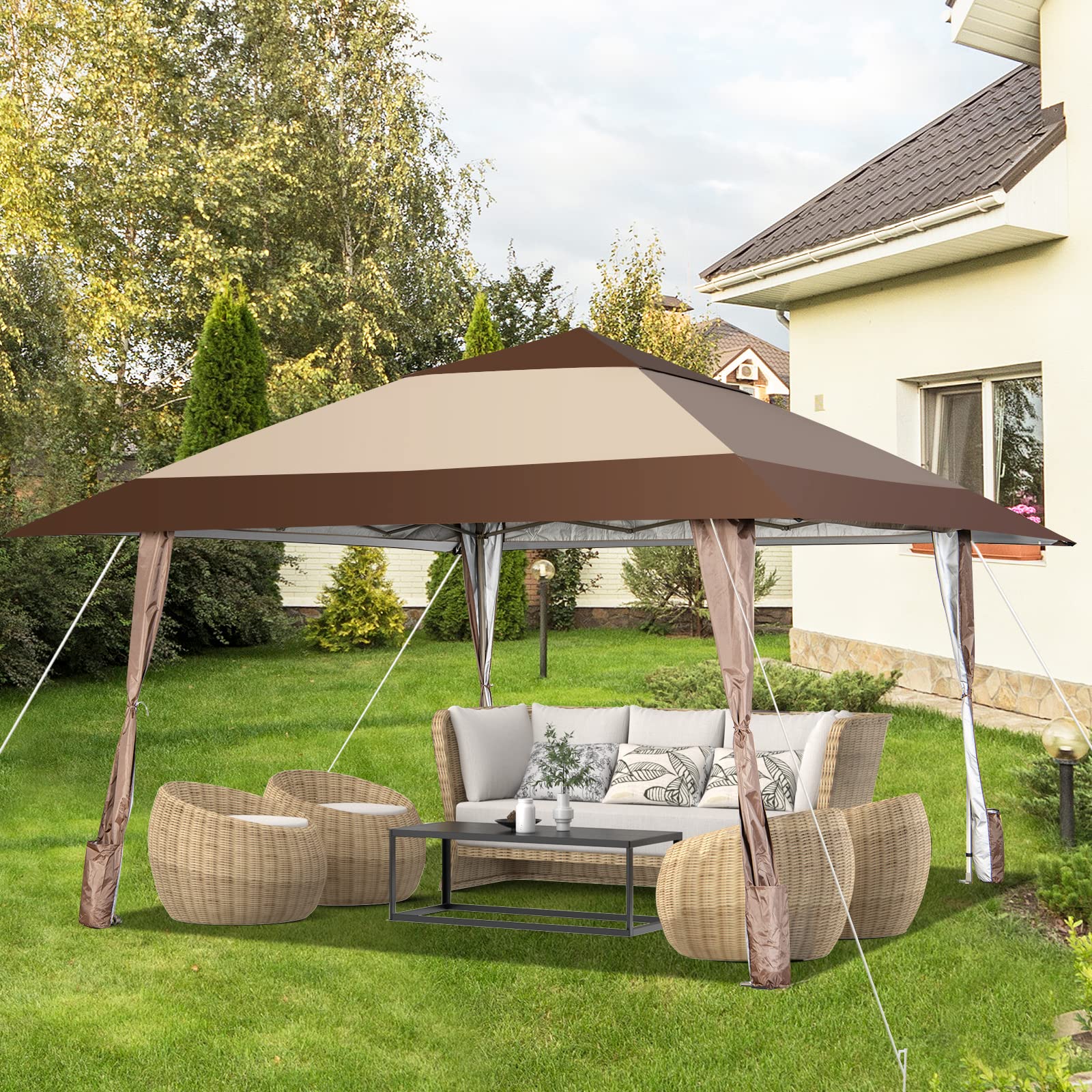 COSTWAY Tonnelle de Jardin Pliante 4M x 4M avec Supports en Fer et Roues, Tente de Reception Imperméable UPF 50+ à Hauteur 265-285CM Avant-Toits Sac Portable pour 8-10 Personnes, Beige