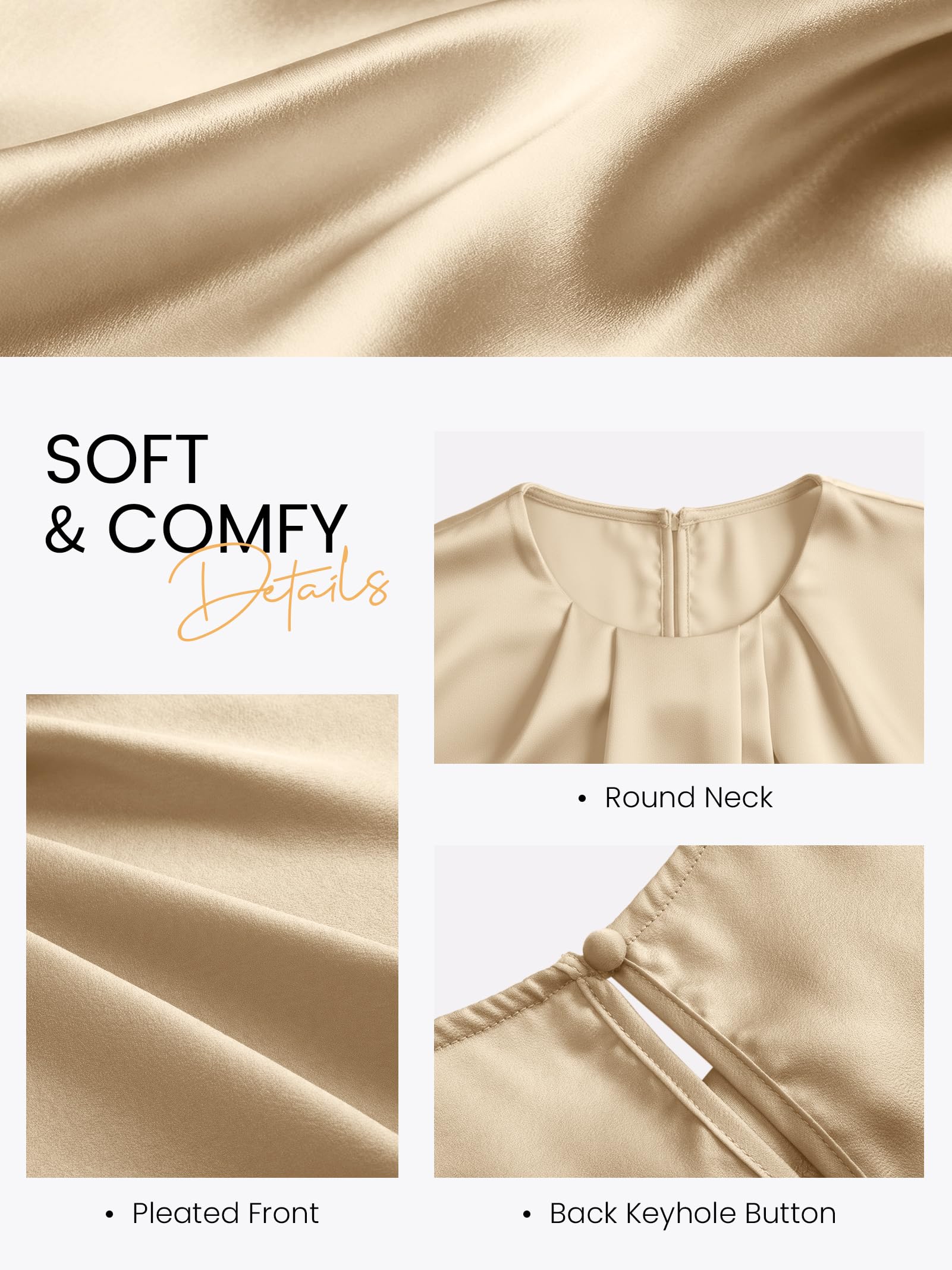 Funlingo Women's Silk Satin Blouse Summer Dressy Casual Cap Short Sleeve Tops Crew Neck Front Pleated Work Shirts