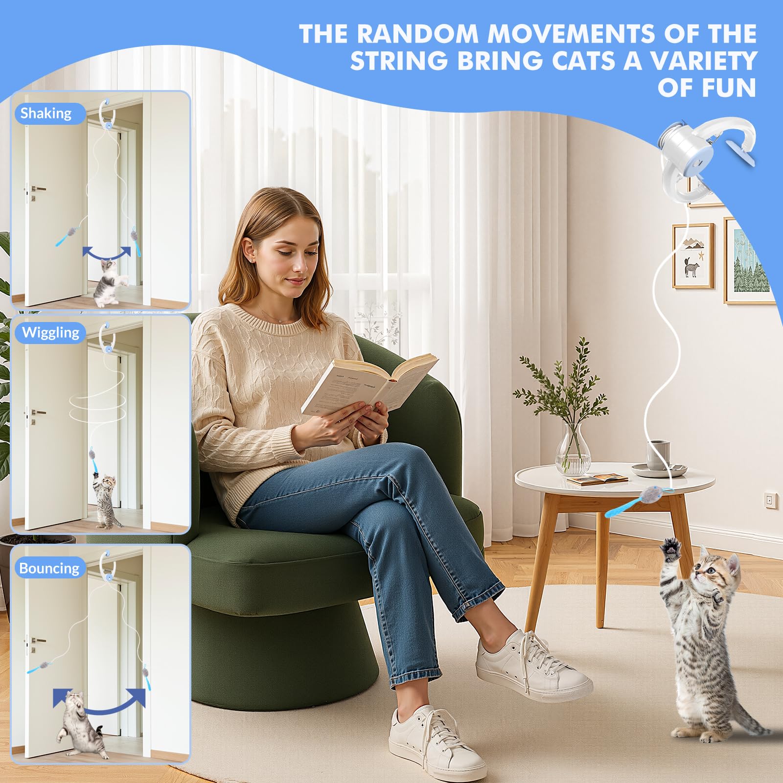 Wortade Interaktives Katzenspielzeug, wiederaufladbar, Federspielzeug für Indoor-Katze, hängendes einziehbares Teaser-Spielzeug, automatisches Kätzchen-Spieljagd, Übungsspielzeug mit drei Plüschmaus