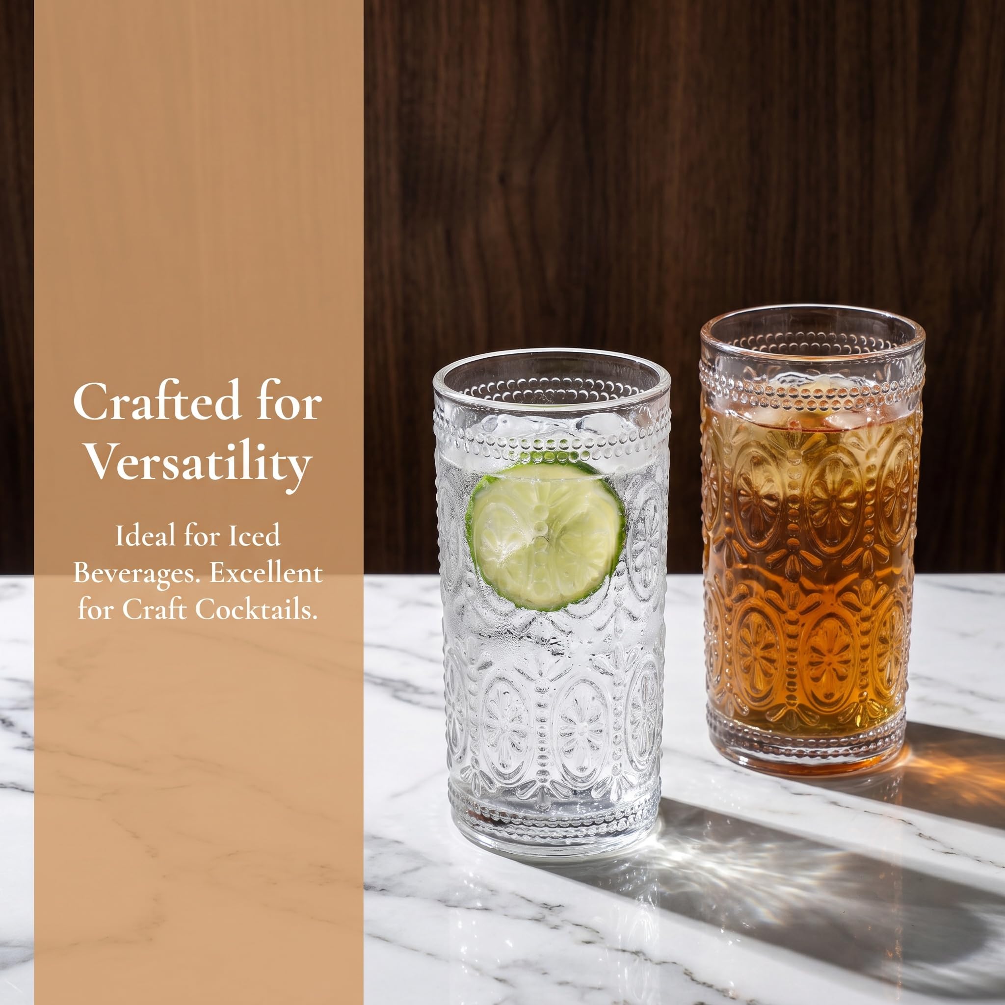Bekith Juego de 6 vasos de agua románticos de 12 onzas, vasos de alta calidad para bebidas, cerveza, refrescos, juego de cristalería vintage para cenas, bares, restaurantes