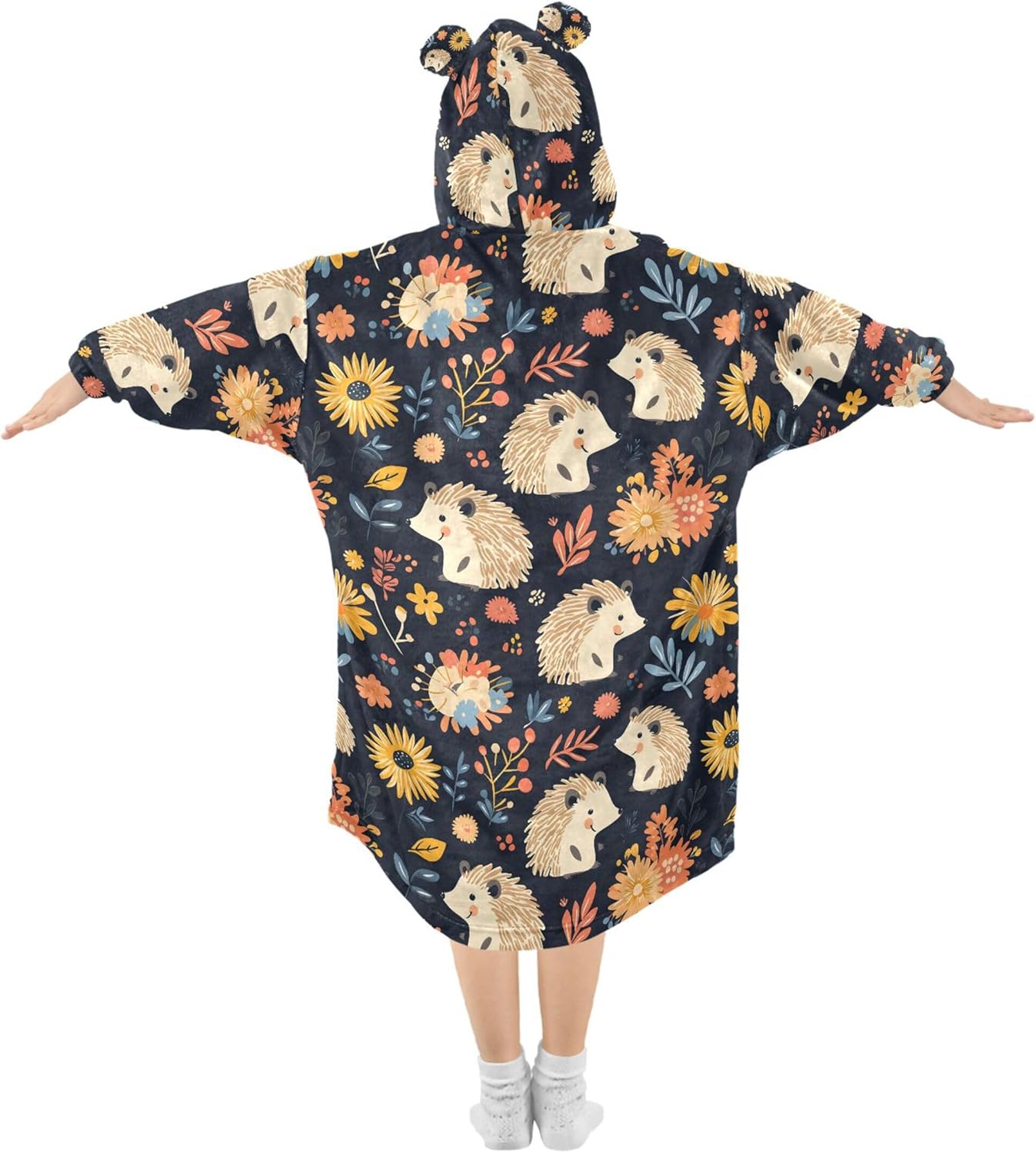 Hedgehog Flowers Cute Kids Wearable Blanket Hoodie with Pocket and Sleeves for Toddlers, Cute Hoodies Girls B0403680