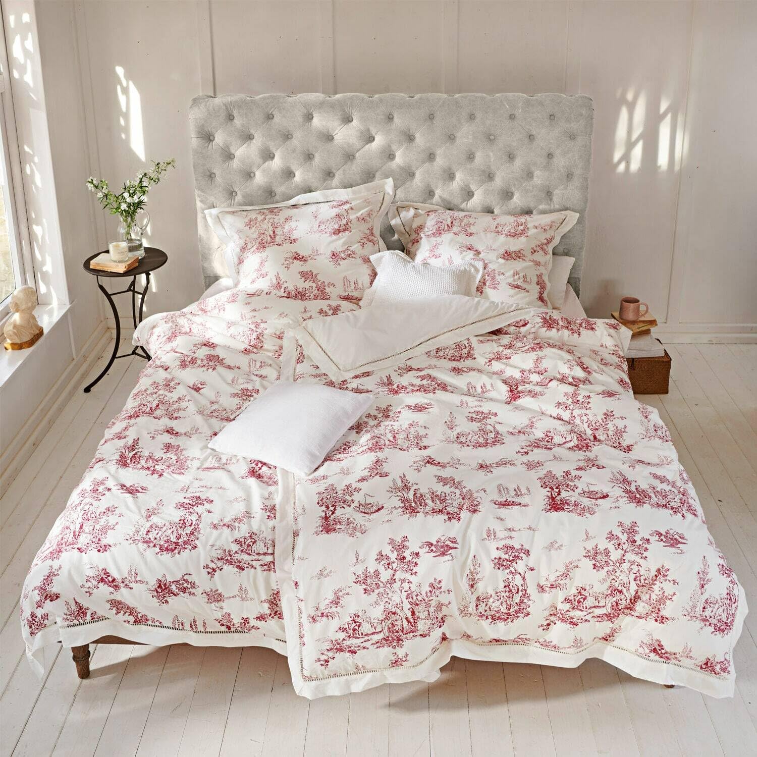 Loberon Toile Rouge Biancheria da Letto - Puro Cotone - Tipico Motivo Tela de Jouy, Bianco/Rosso