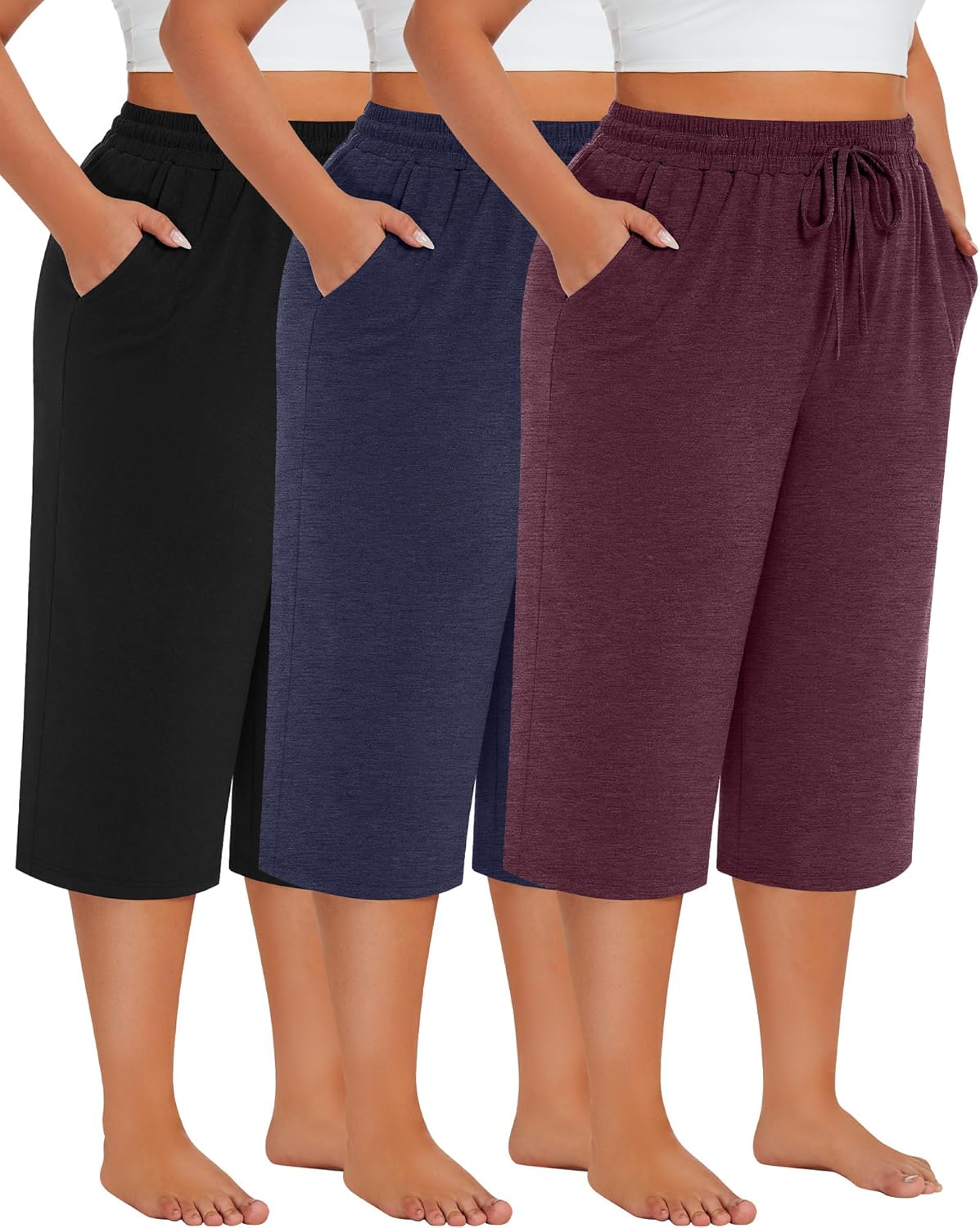 Neer 3 Pack Women's Plus Size Cotton Capris, Stretchy Wide Leg Cropped Pants with Pockets Loose Lounge Pajama Sweatpants