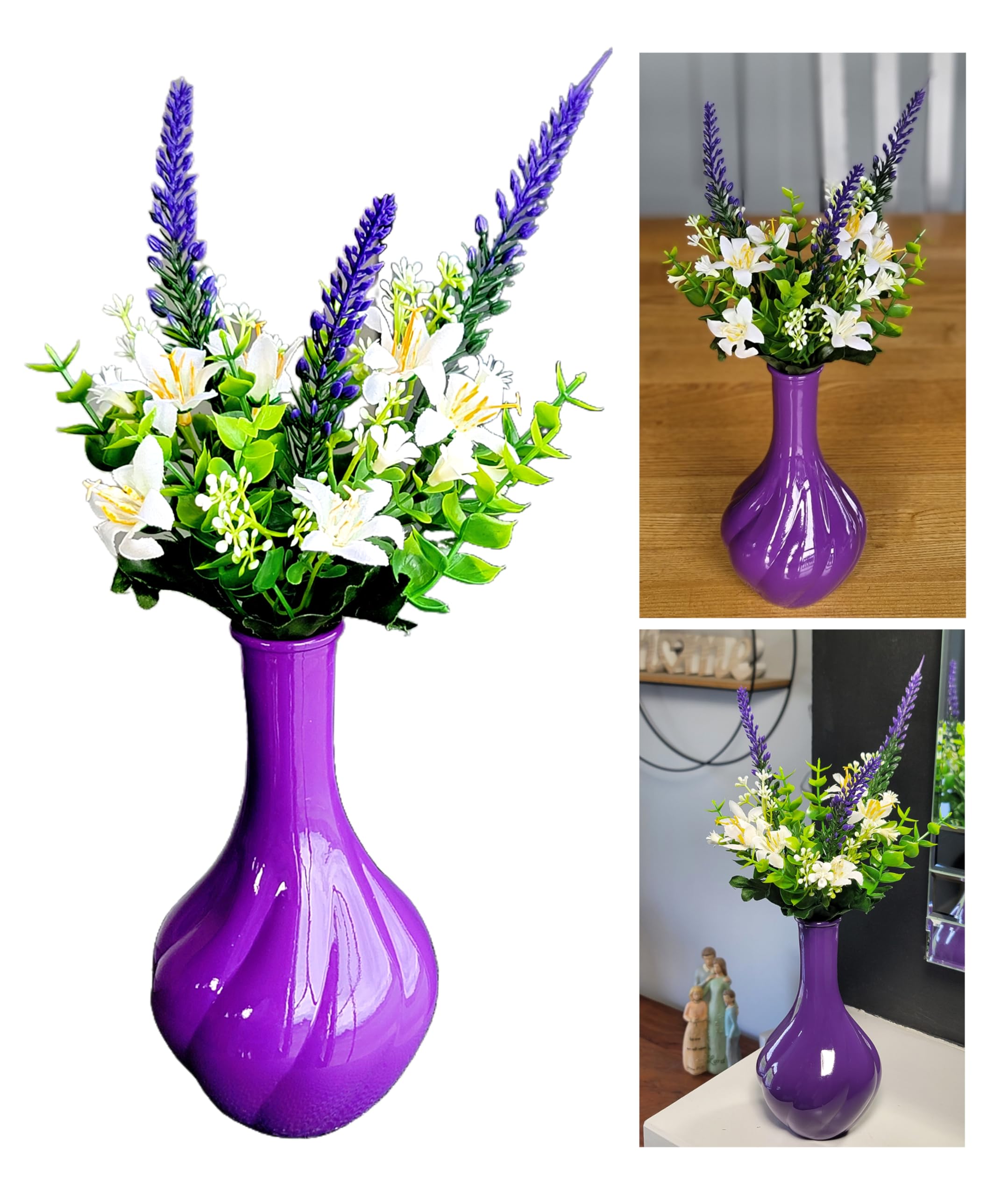 Purple Artificial Flowers with Glass Vase, Unusual Gift Item for Christmas Ornament for Home Decor, 17cm Pair