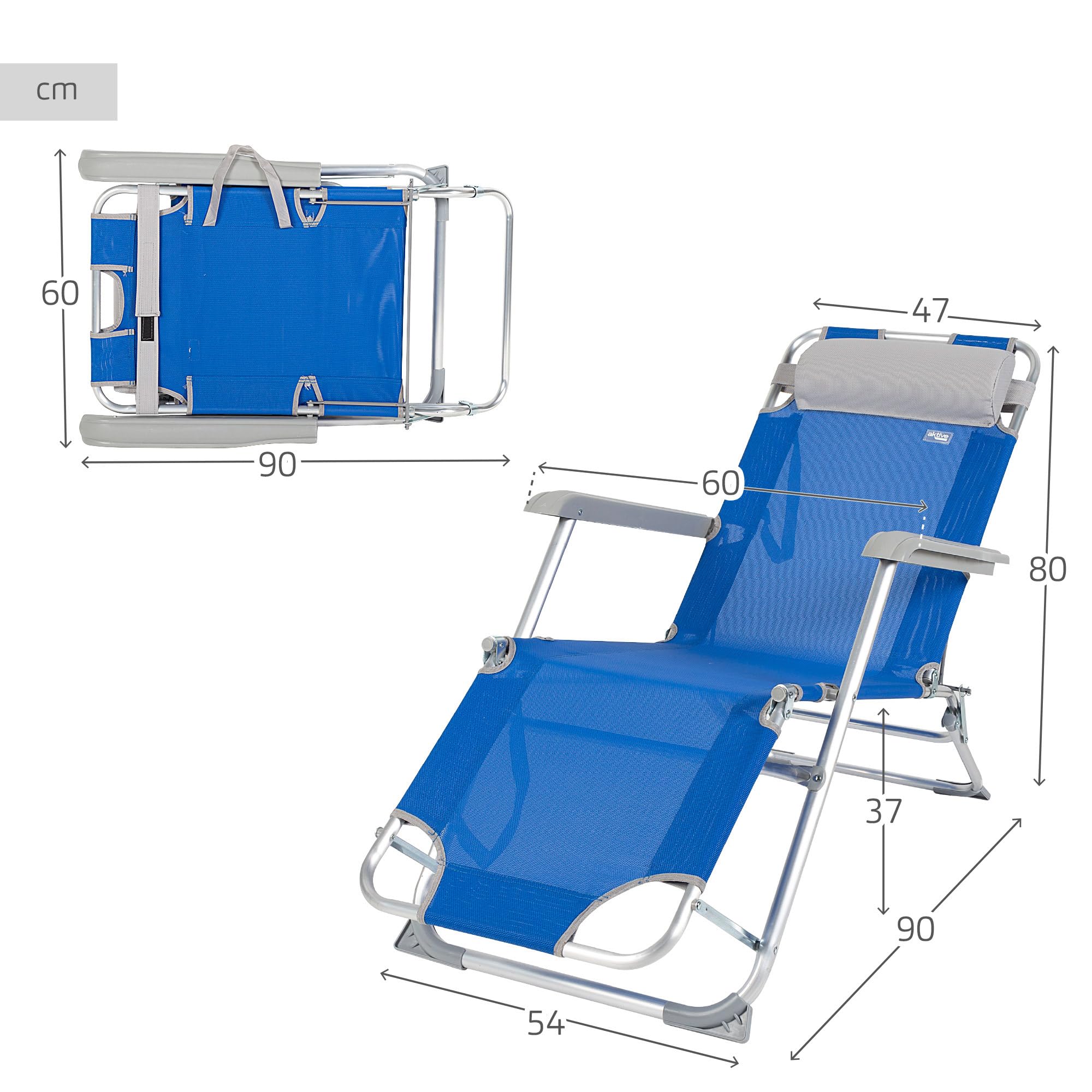 AKTIVE 62300 - Tumbona plegable y reclinable Azul con cojín, 3 posiciones, de aluminio y textileno, Medidas: 47x95x80 cm, Peso máx. soportado 110Kg, Tumbonas plegables para playa, terraza y camping