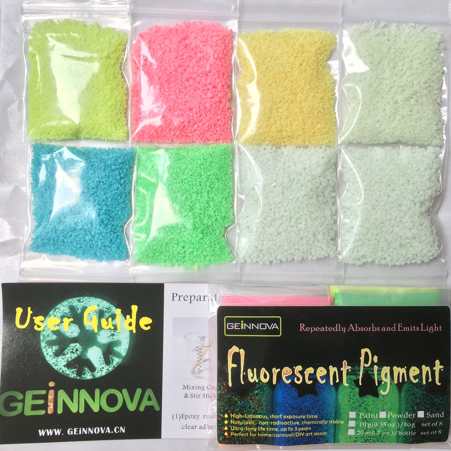 GEiNNOVA Glow in Dark Sand Photoluminescent Gravel Fluorescent Grain Set of 8 for Party/Wall/Bottle/Glass Decor Graffiti Luminous Art Pigment