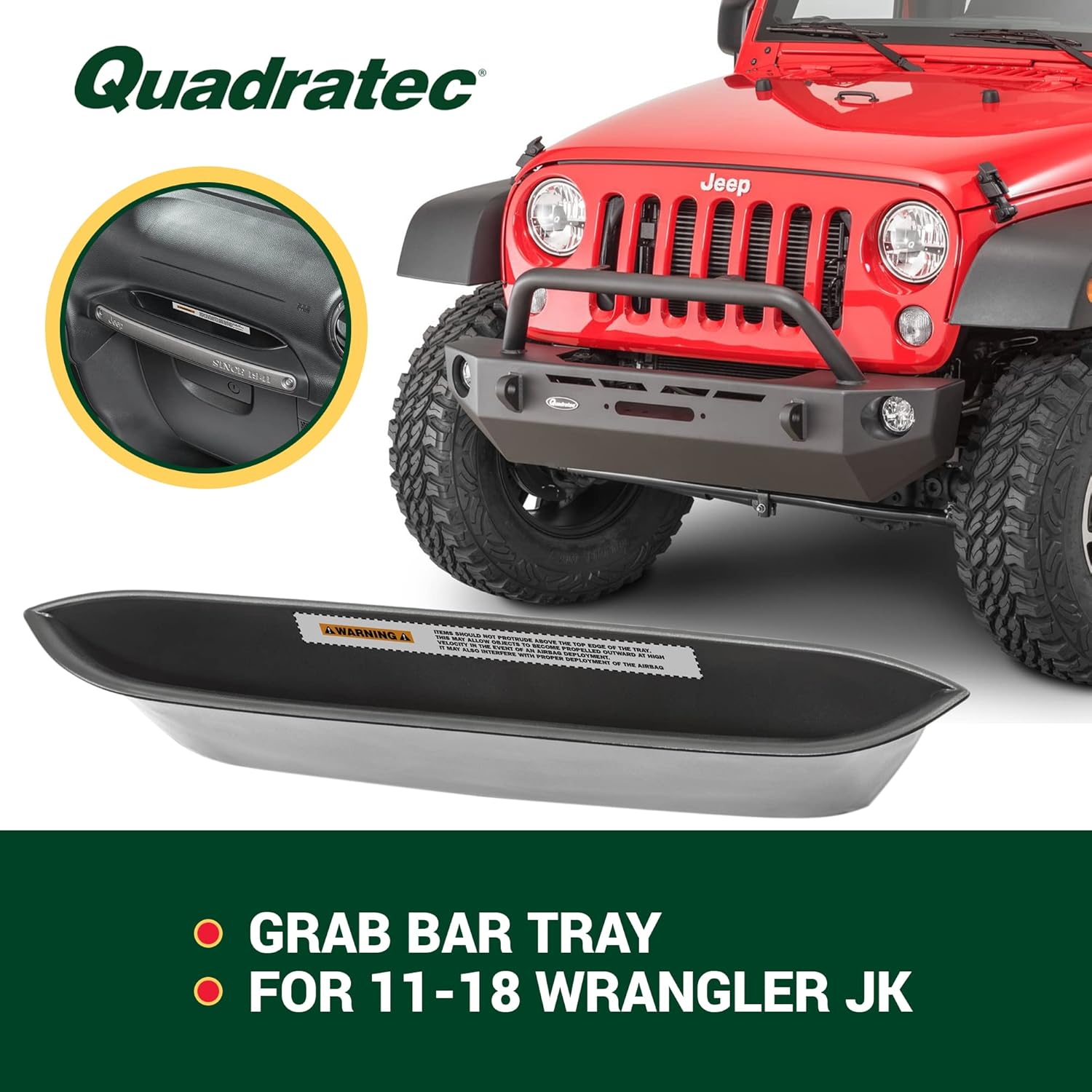 Quadratec Grab Bar Tray - Fits Jeep Wrangler JK JKU 2011-2018 - Dashboard Grab Handle Tray Storage - Slides in Grab Bar Above Glove Box - Jeep Wrangler Interior Accessories Organizer