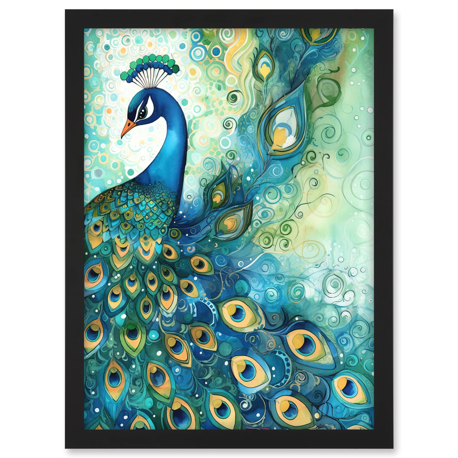 Artery8 Peacock Bird Concept Folk Art Watercolour Painting Artwork Framed A3 Wall Art Print