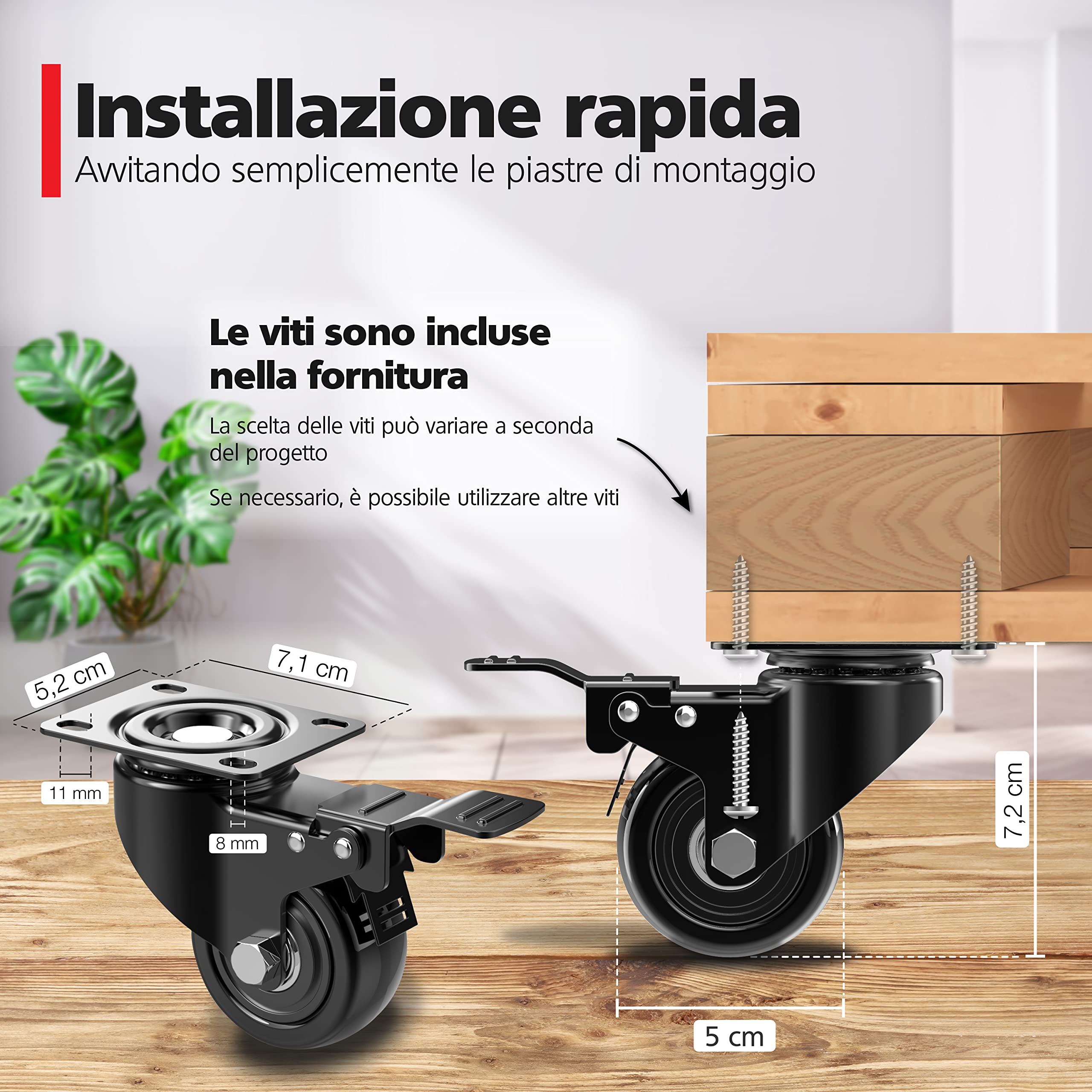 Kit Di 4 Rotelle Per Mobili Con Freno Diametro 50mm Piastra Di Assemblaggio - Foto 6