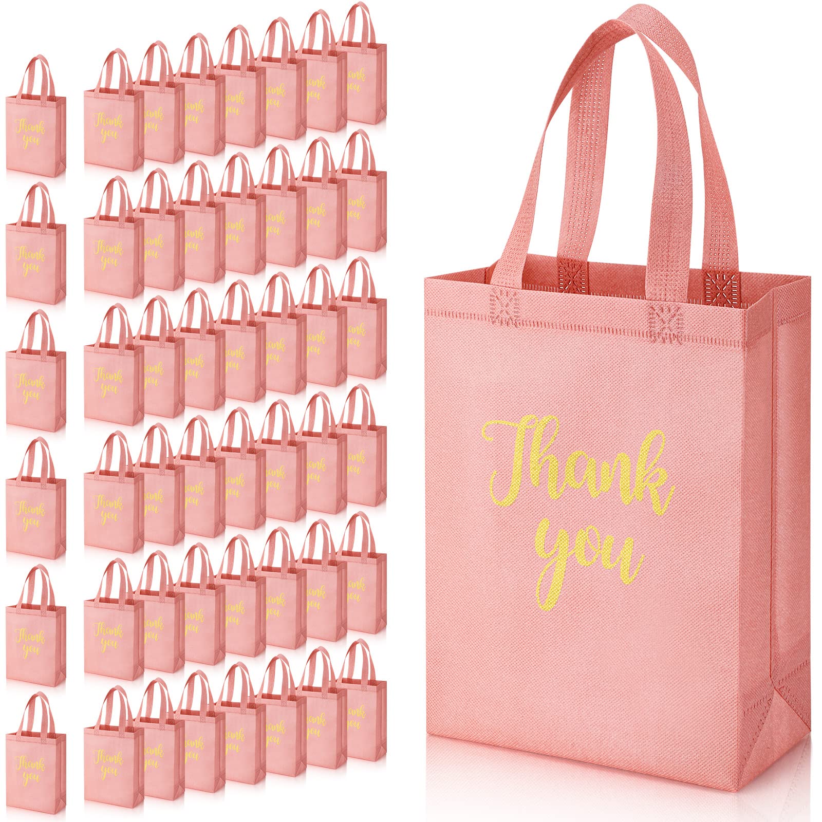 Roowest 50 Pcs Thank You Gift Bag with Handle Bulk Reusable Nonwoven Foldable Bag for Valentine's Day Wedding 10 x 8 x 4 Inch