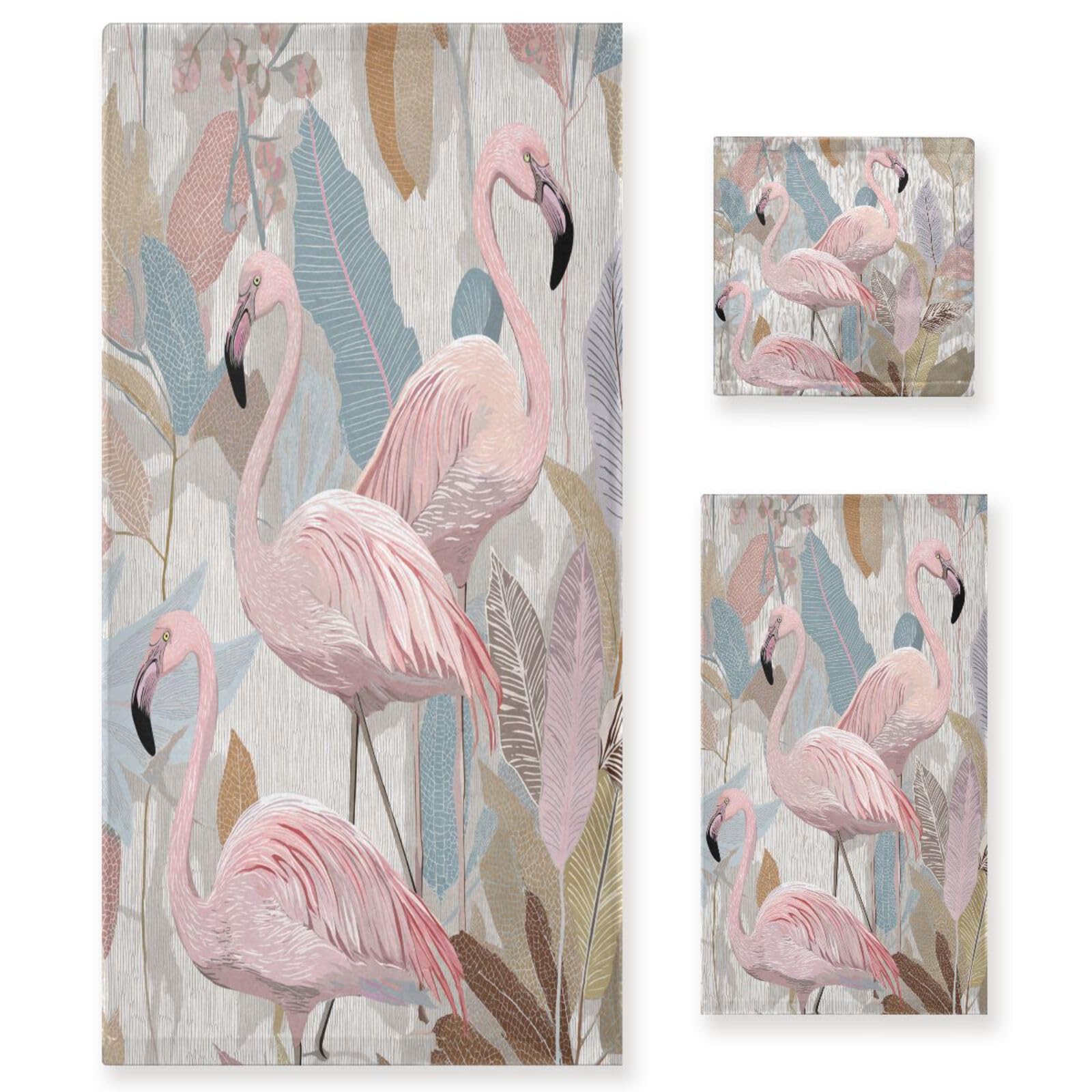 Blueangle 3 Piece Flamingo Palm Leaves Towel Set, Super Soft, Heavy Weight & Absorbent