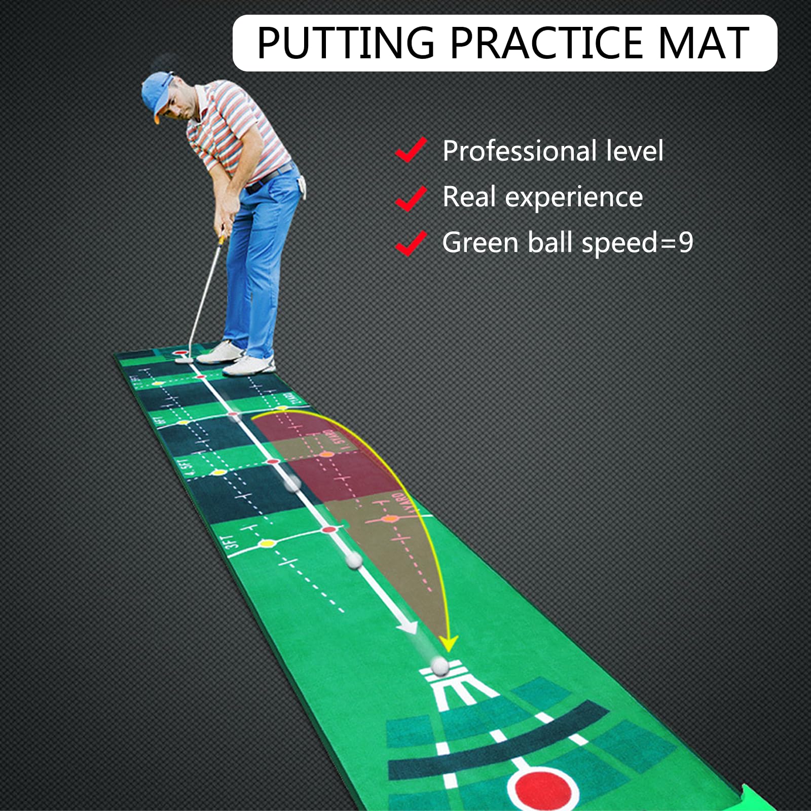 Alfombra de práctica de putt de golf, putt directo de velocidad baja de bola de múltiples ángulos, alfombra de terciopelo, regalos de golf para el hogar y la oficina para adultos y niños, 3 metros