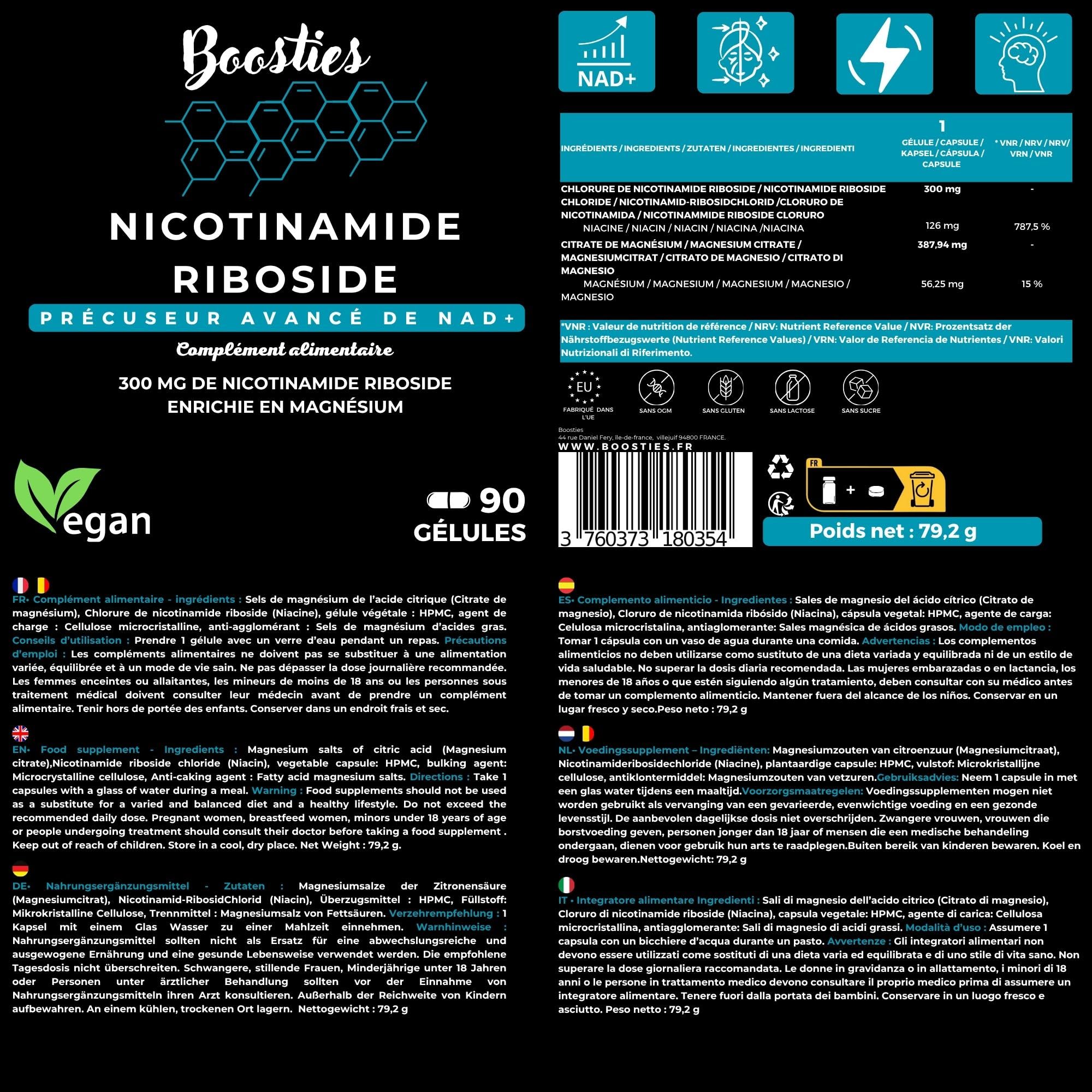 NAD+ | NICOTINAMIDE RIBOSIDE Chloride (NR) 300MG | Anti-âge, Production d'énergie, Réparation de l'ADN, Fonctions cognitives | Enrichie en magnésium |100% Végan | Boosties (Nicotinamide Riboside)