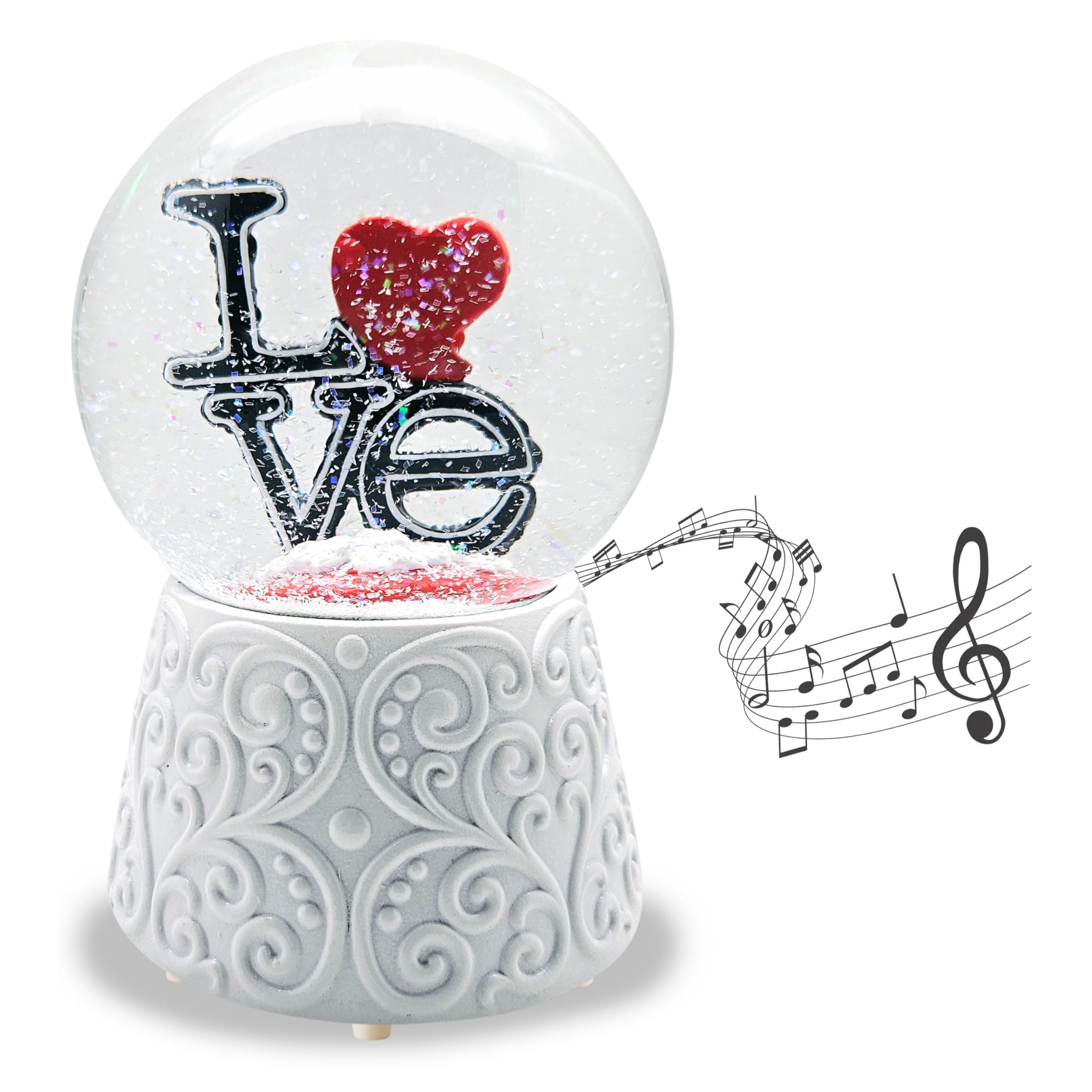 Boule à neige Love avec cœur - Inscription Love sur socle blanc - Ornements - Avec boîte à musique - Boule à secouer en verre - Hauteur : 14 cm - Largeur : 10 cm - Cadeau de Saint-Valentin, jour des