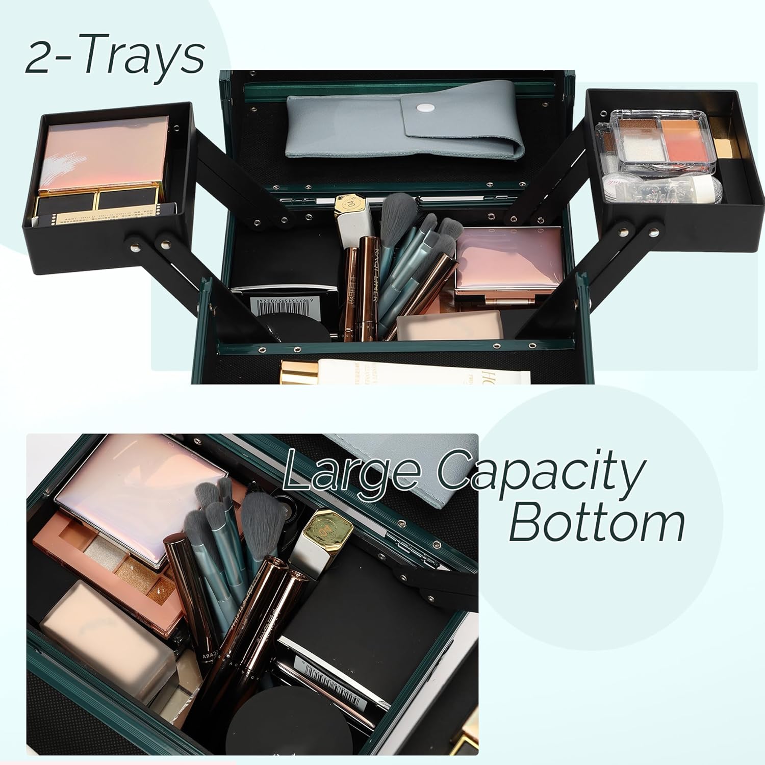 Makeup Train Case 2 Trays Makeup Box Organizer Portable Travel Makeup Case Lockable Makeup Storage Organizer Cosmetic Box for Jewelry Nail Tech Brushes Accessories Tool,Green Pro - Image 5