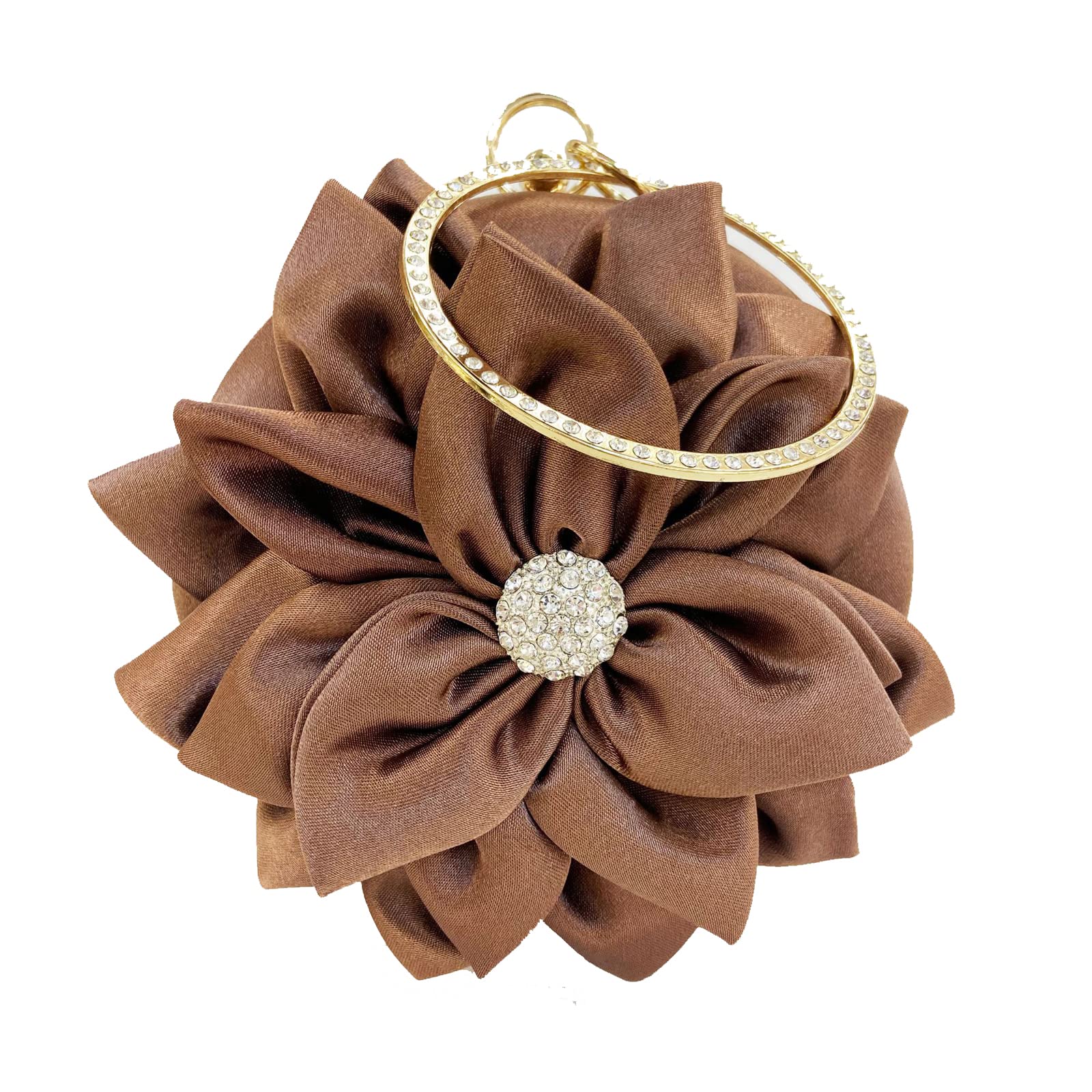 EFTCAL Women Silk Round 3D Rose Flower Handbag,Rhinestone Metal Handle Evening Bag Wedding Party Prom Purse Shoulder Bag (Brown)