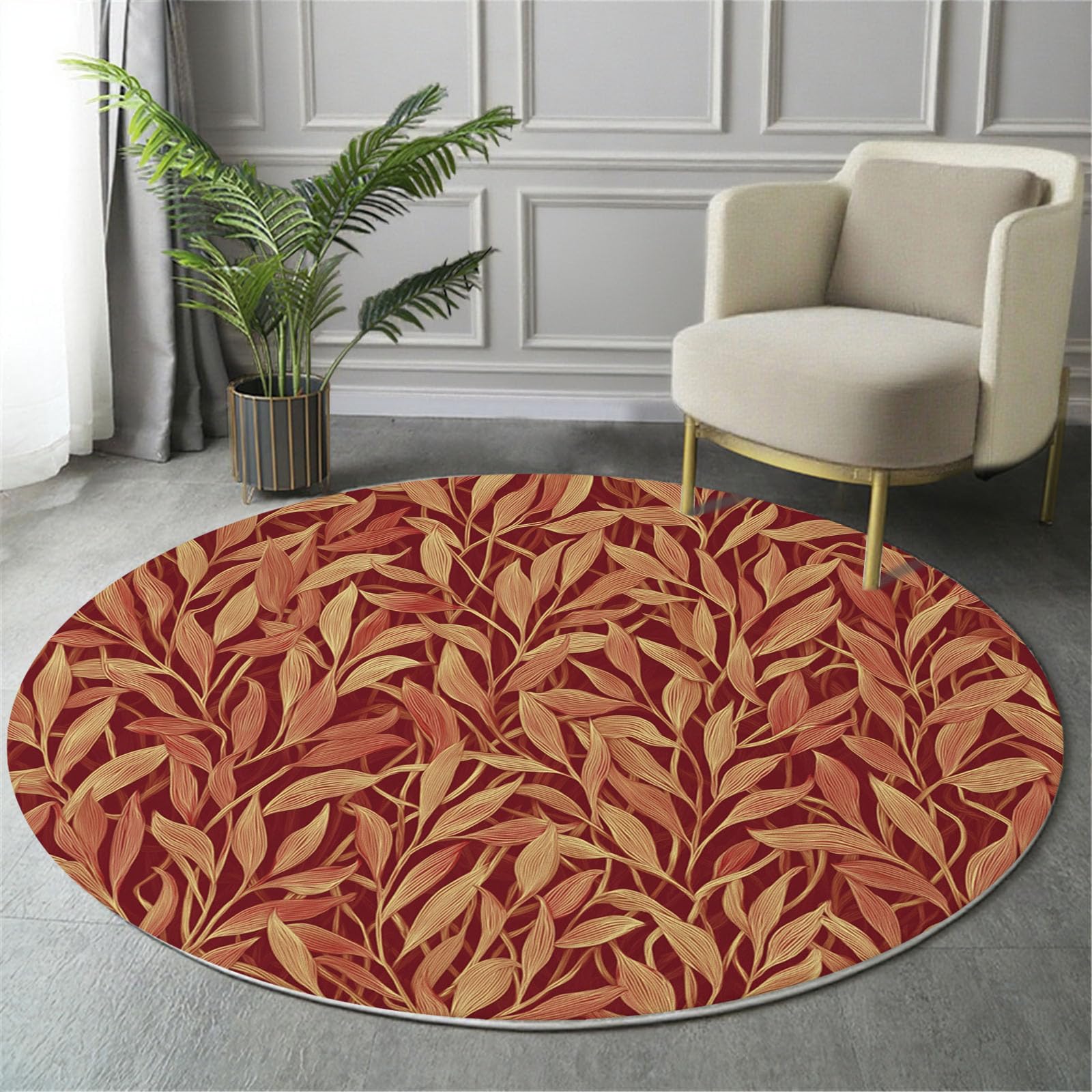 Tapis rond plantes rétro 60cm orange-rouge en saule lavable pour salon