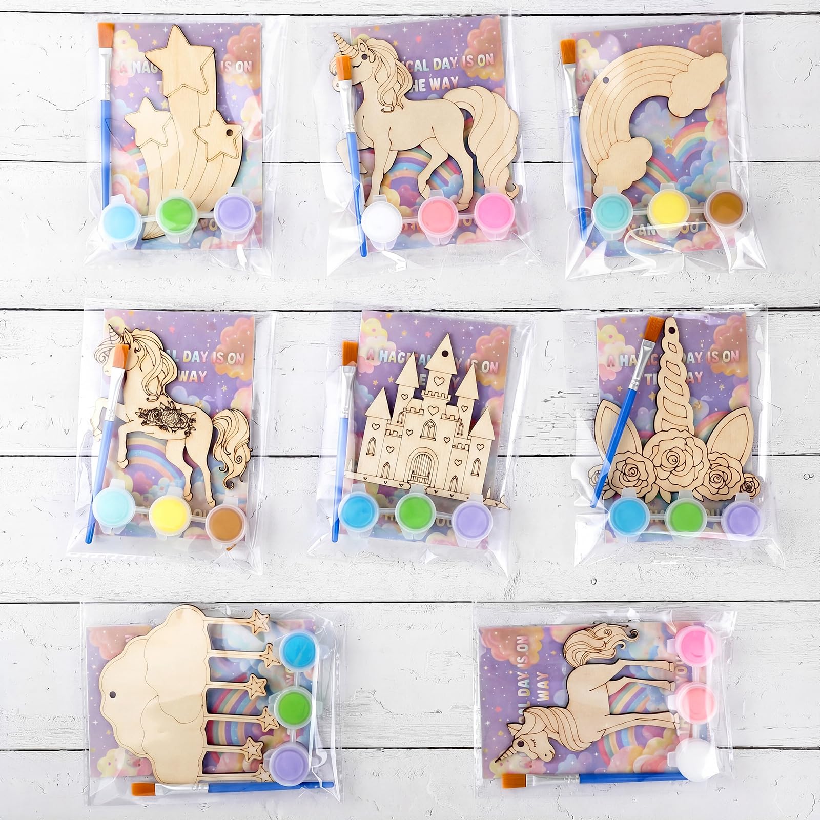 Saypacck 24 Pcs Rainbow Unicorn Party Favors Wooden Painting Craft Kits Birthday Party Supplies with Organza Bag for Goodie Bags Fillers Adult Thank You Gifts