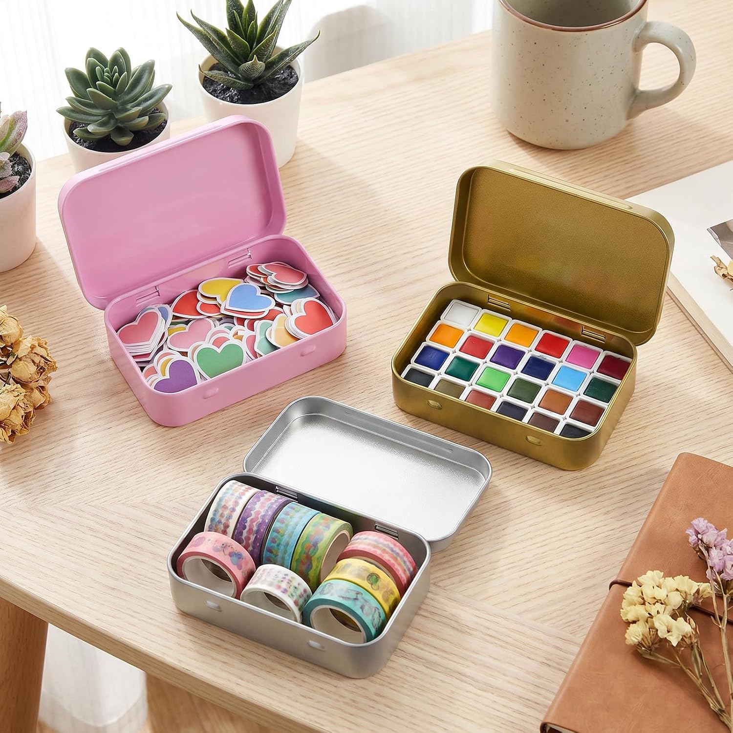 Chsoejuf 3PCS Small Tin Box Metal Tin Containers with Lid Hinged Rectangular Tinplate Storage Box for Small Parts DIY Craft Organization Mint Candy Sewing Supplies Silver Gold Pink 3.74x2.36x0.87 in