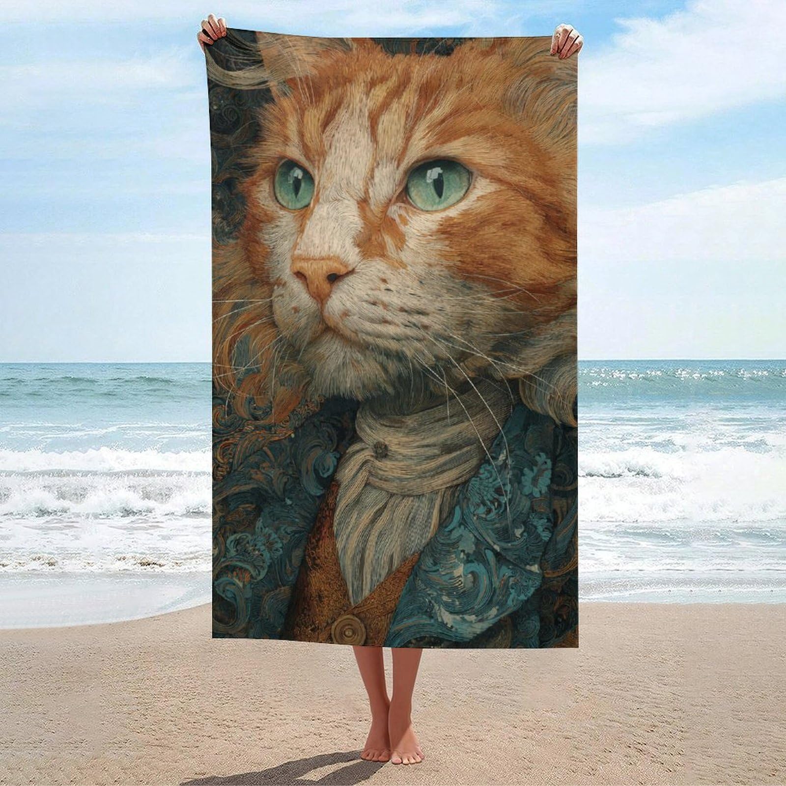 asbwuo Orange Cat Dressed in Baroque Beach Towel