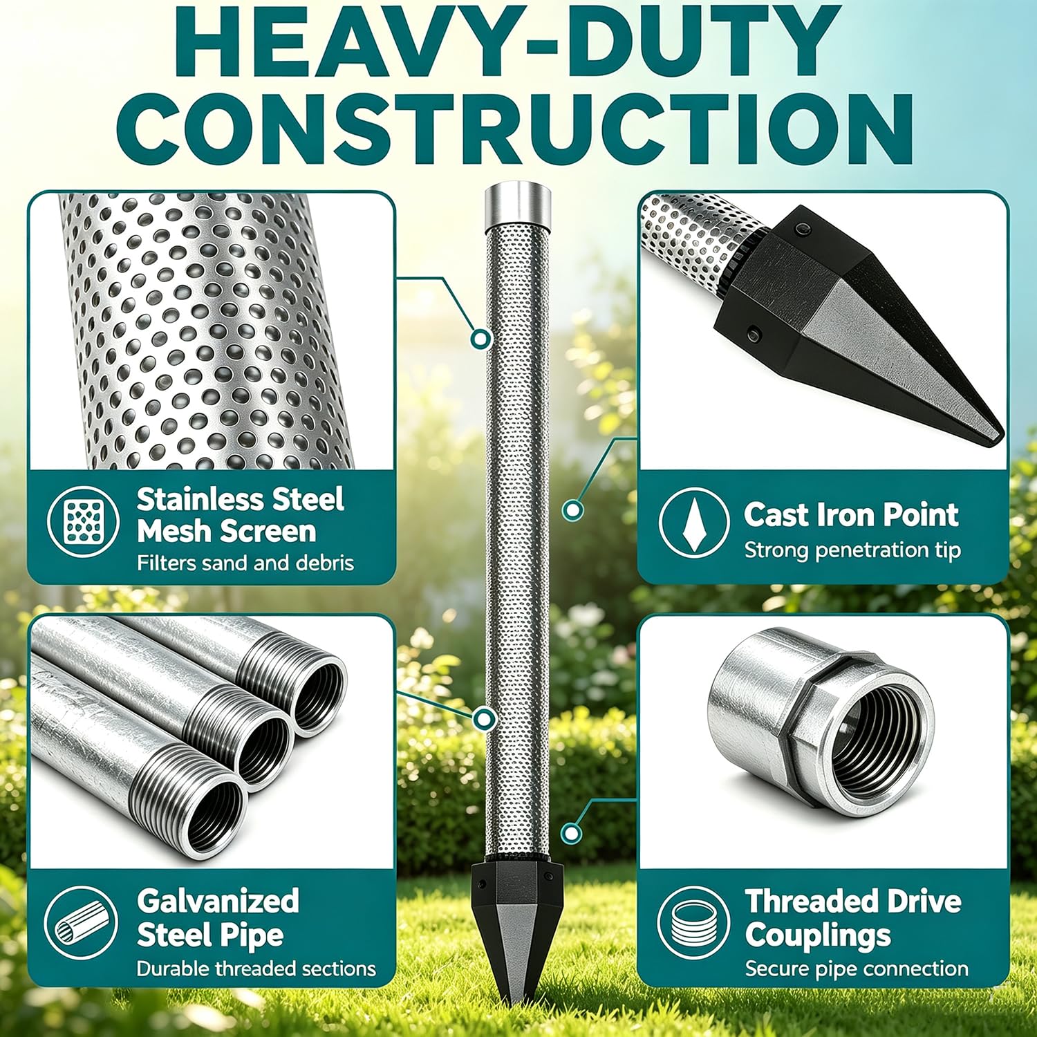 Zestaw do wiercenia studni, iglica 1-1/4" x 36" + 5 szt. rur do studni z igłą 39" | Zestaw do wiercenia studni z igłą piaskową, zestaw do płytkiego wiercenia studni w piasku i miękkim gruncie