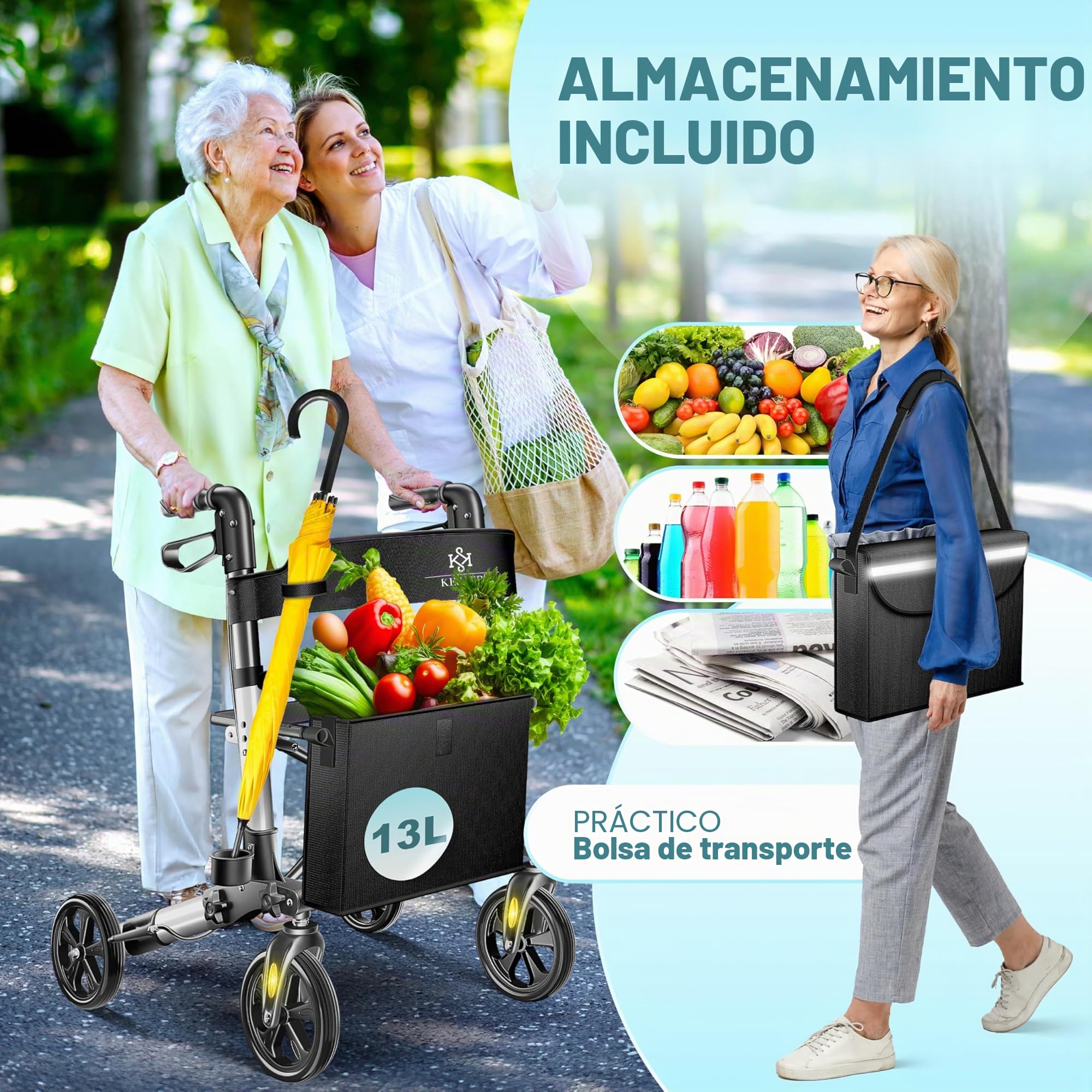 KESSER® Andador plegable con asiento y respaldo, 4 Ruedas/Frenos/Saco de Compra y Porta Bastón, Altura Ajustable 82-94cm, Andador, Carro, Rollator para Ancianos