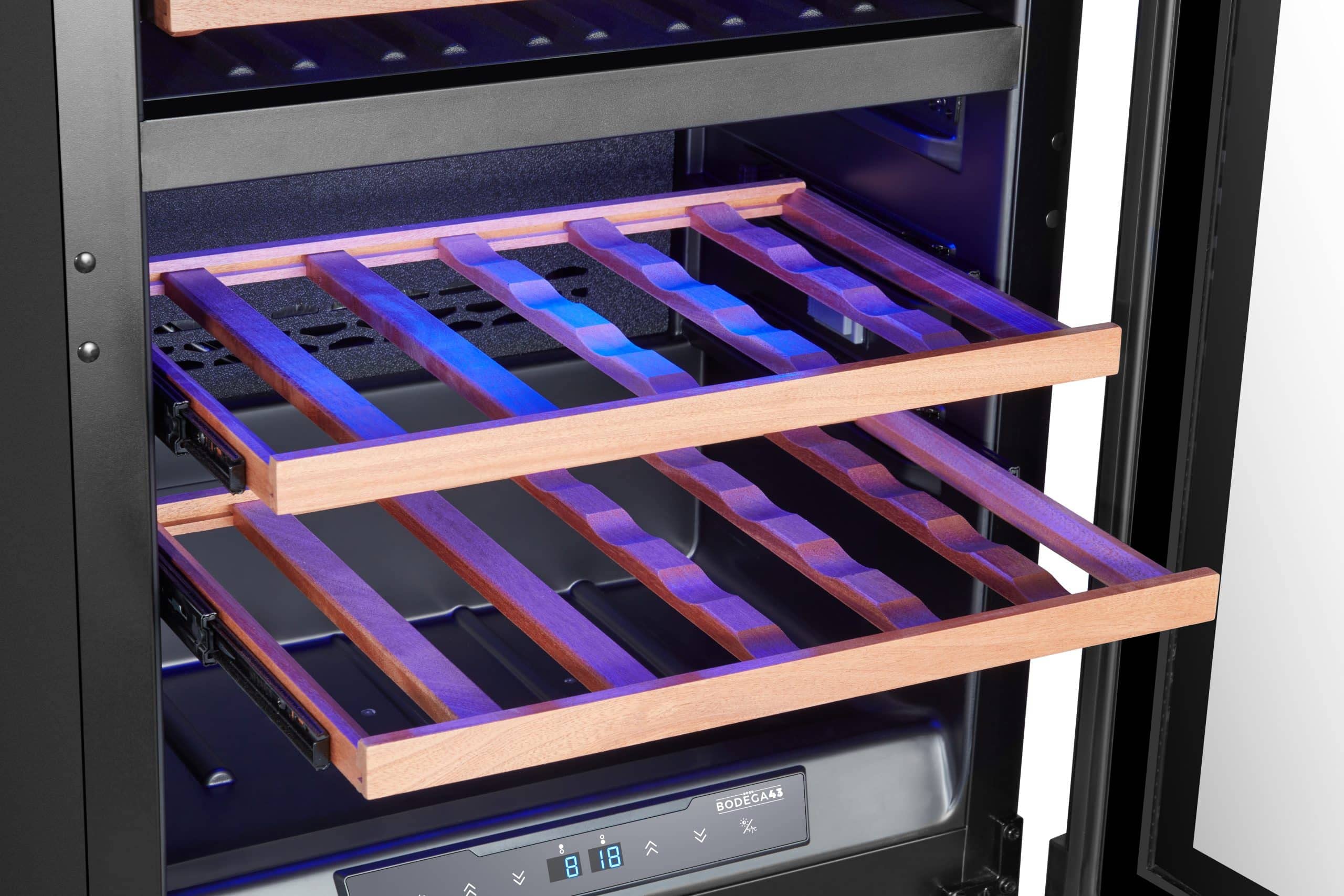 BODEGA43-42 Einbau Weinkühlschrank 2 Zonen digitales Temperaturdisplay 42 Flaschen Vollglas-Designtür 40 dB 5 Ausziehbare Schubladen Birkenholz