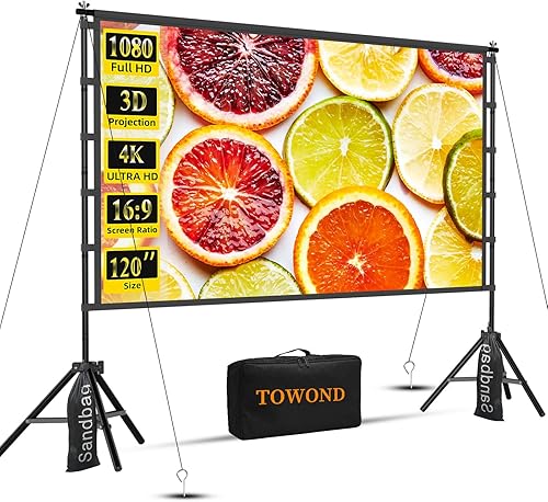 TOWOND - Pantalla de proyector para exteriores con soporte, pantalla de cine portátil de 120 pulgadas, pantalla de proyección plegable HD 169 con