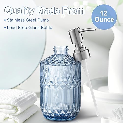 Miniatura 3 de Kaishun Dispensador de jabón recargable de 13 onzas, dispensador de jabón de vidrio para dispensar jabón de manos, jabón para platos, loción (azul)