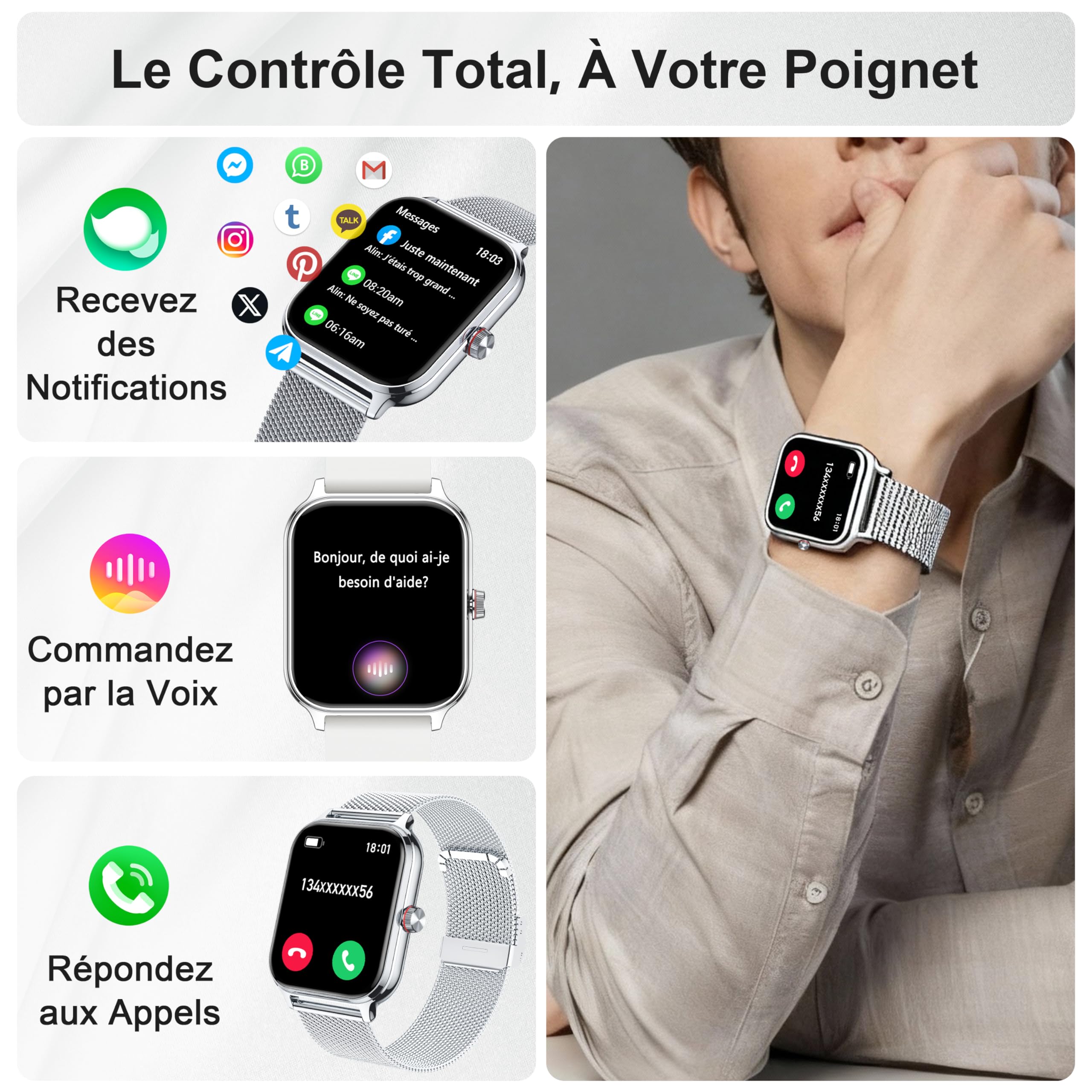 LODIMEKE Smartwatch Appel pour Apple Samsung Xiaomi & Android Phones, Montre Connectée Femme Homme Tension Artérielle Fréquence Cardiaque Sommeil, 1.96'' AI 100+ Sports, IP67 Podomètre Calculatrice