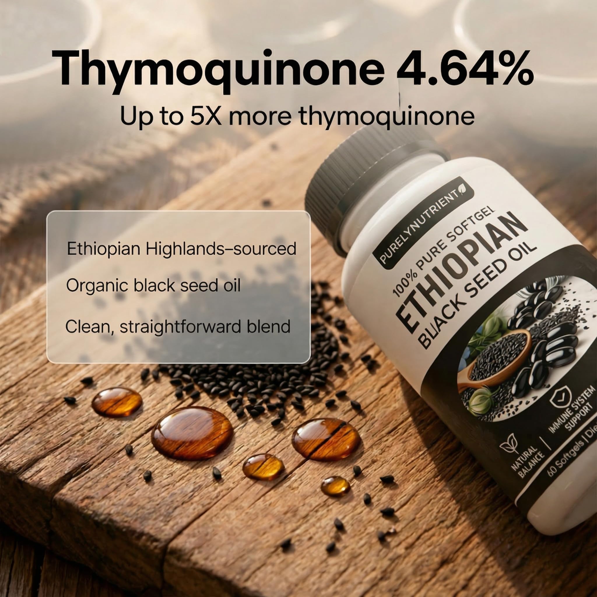Ethiopian Black Seed Oil Capsules, Pure Black Seed Oil Organic Cold Pressed with 4.64% Thymoquinone, Non-GMO, Gluten-Free, 60 Softgels — Amazon image 7