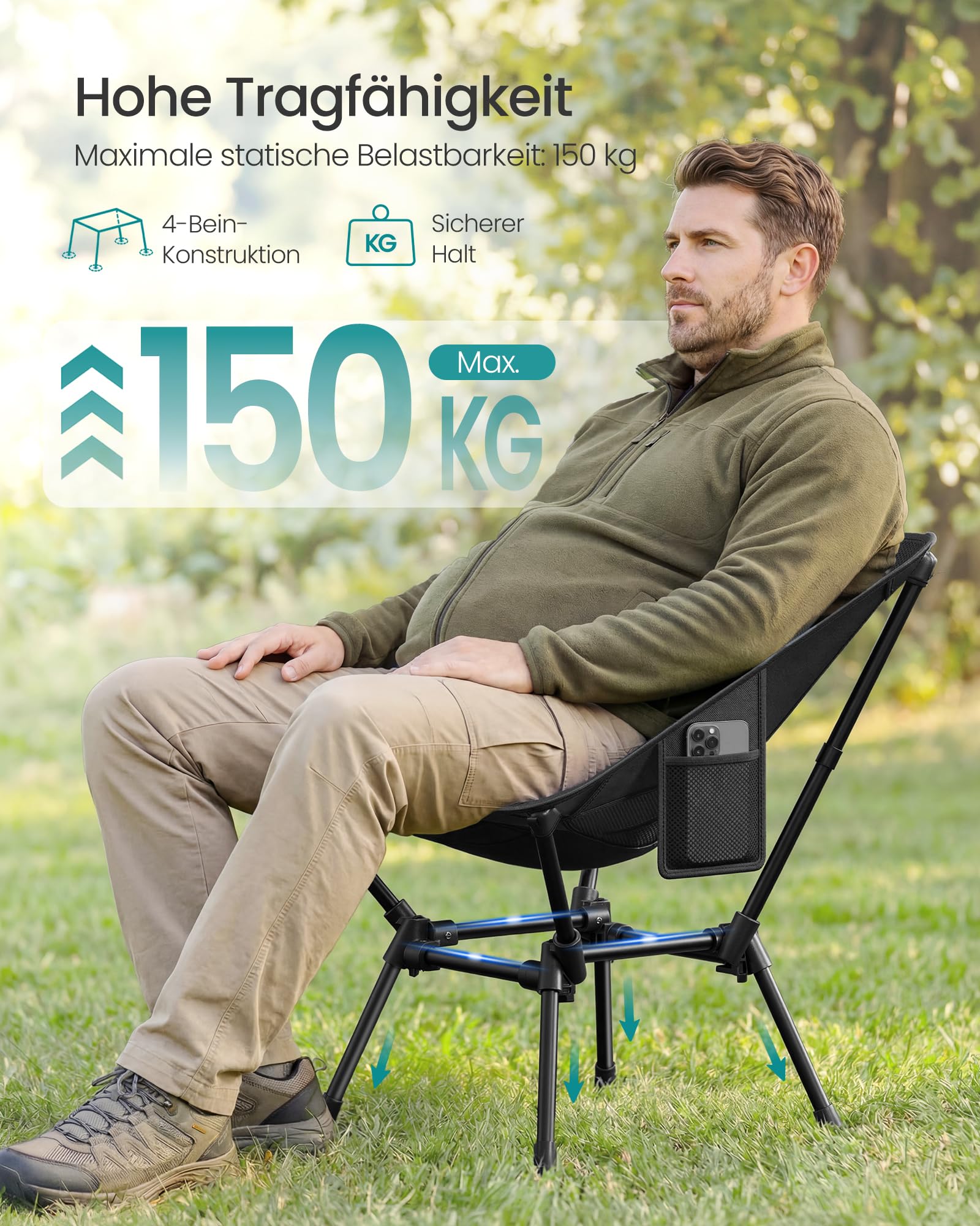 SONGMICS Campingstuhl, Strandstuhl klappbar, Gartenstuhl höhenverstellbar, Stahlgestell, bis 150 kg belastbar, 2 Seitentaschen