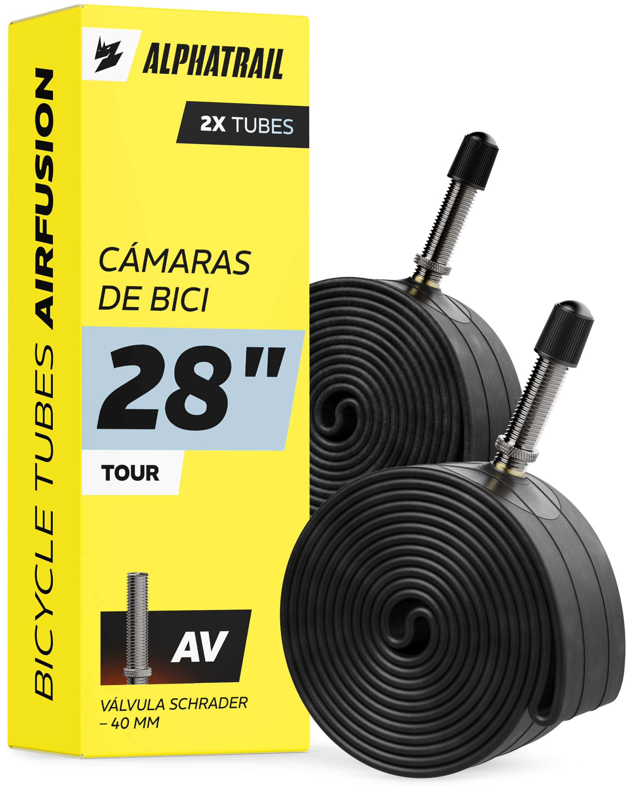 Alphatrail Cámara de Bicicleta Rick 28 Pulgadas AV Schrader Válvula 2X Conjunto con Garantía de Movilidad I Cubierta Compatible Schwalbe, Michelin, Continental, Conti, Maxxis & Kenda