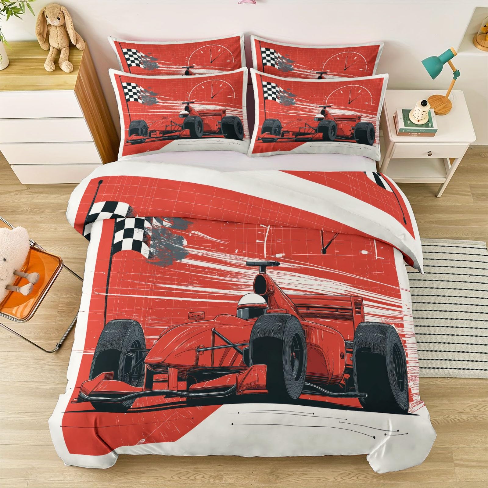 Nowoczesny fajny zestaw pościeli, sportowy wyścigowy prędkościomierz, ultrasoft czerwony, hipoalergiczny zestaw pościeli z mikrofibry, 230 x 220 cm z zamkiem błyskawicznym dla dzieci i nastolatków