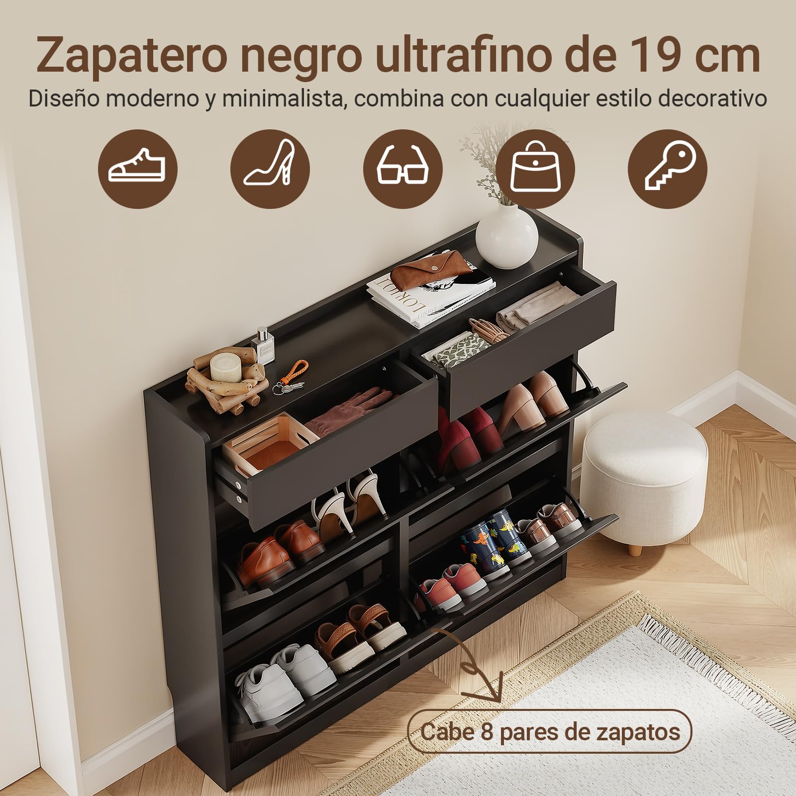 SoBuy Zapatero con 4 Abatibles y 2 Cajones 19 cm Entrada | Gran capacidad de almacenaje, diseño estrecho ideal para pasillo, recibidor y apartamentos pequeños, FSR169-SCH