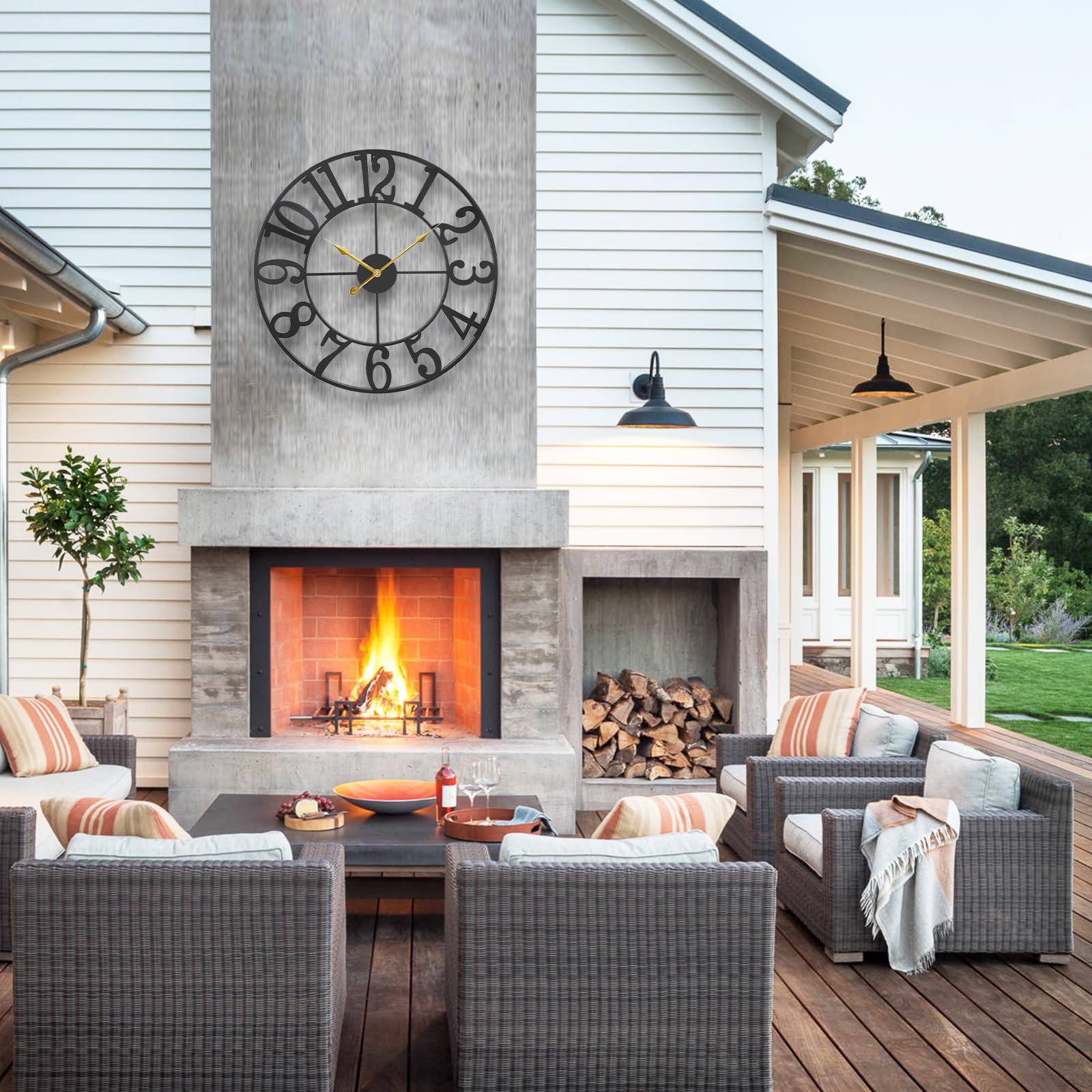 Grande horloge d'extérieur étanche de 76,2 cm pour terrasse – Horloge extérieure arabe pour patio, porche, piscine – Horloge murale décorative rustique en métal noir avec mouvement à quartz
