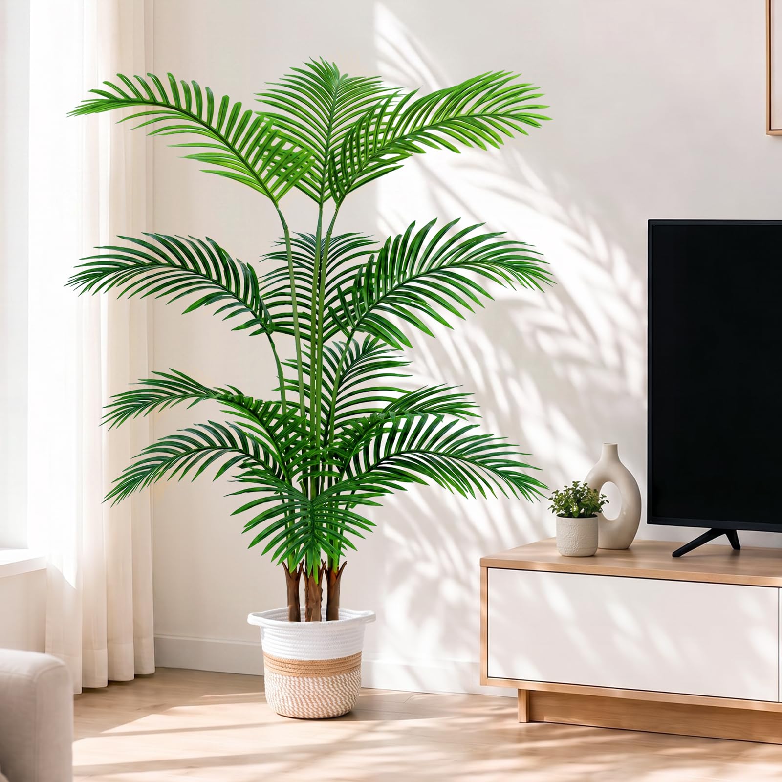 NZQXJXZ Palmera Artificial 160 cm con Cesta de Algodón | Más de 10 Hojas Realistas, sin Mantenimiento, Ramas Ajustables, Ideal para Salón y Oficina